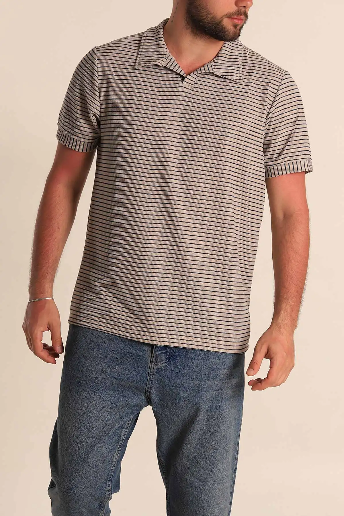 Bej Çizgili Regular Fit Dokulu Polo Yaka Erkek Tişört 277085
