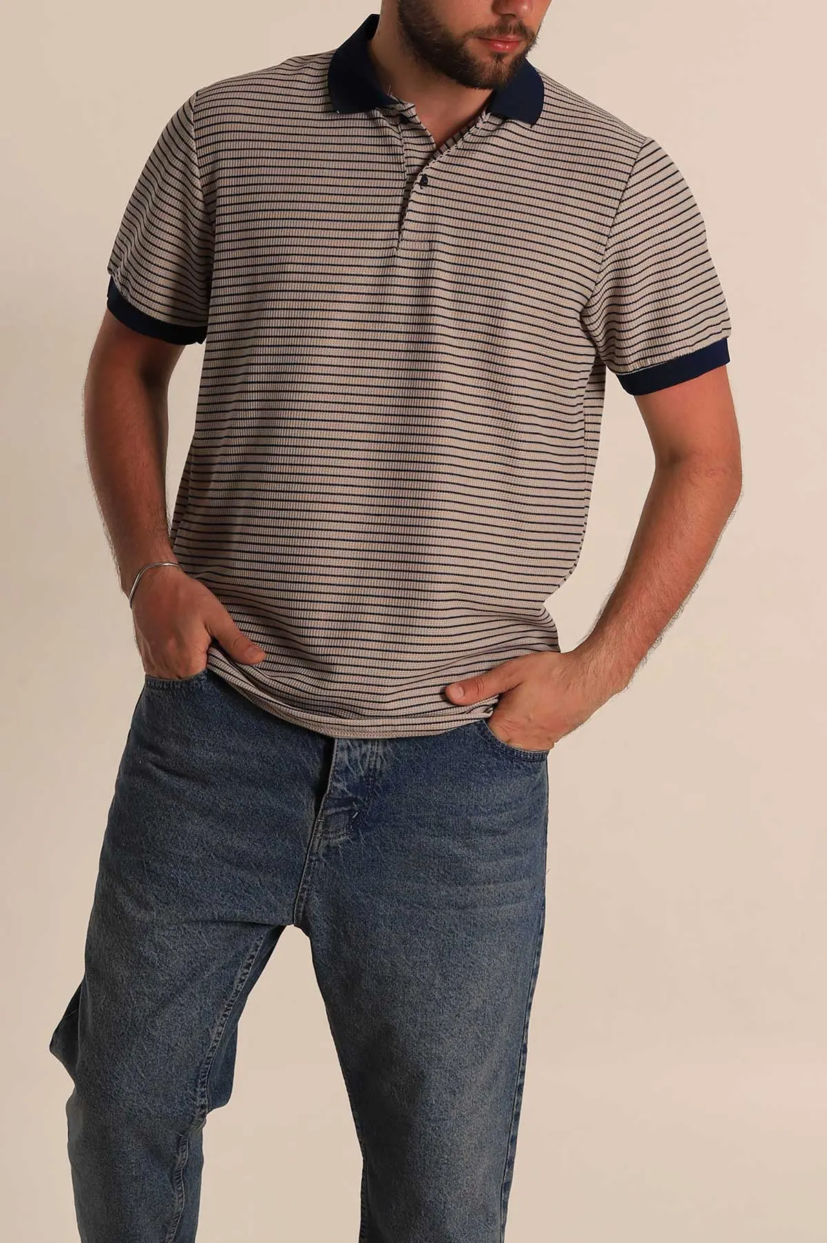 Bej Çizgili Regular Fit Polo Yaka Erkek Tişört 277107