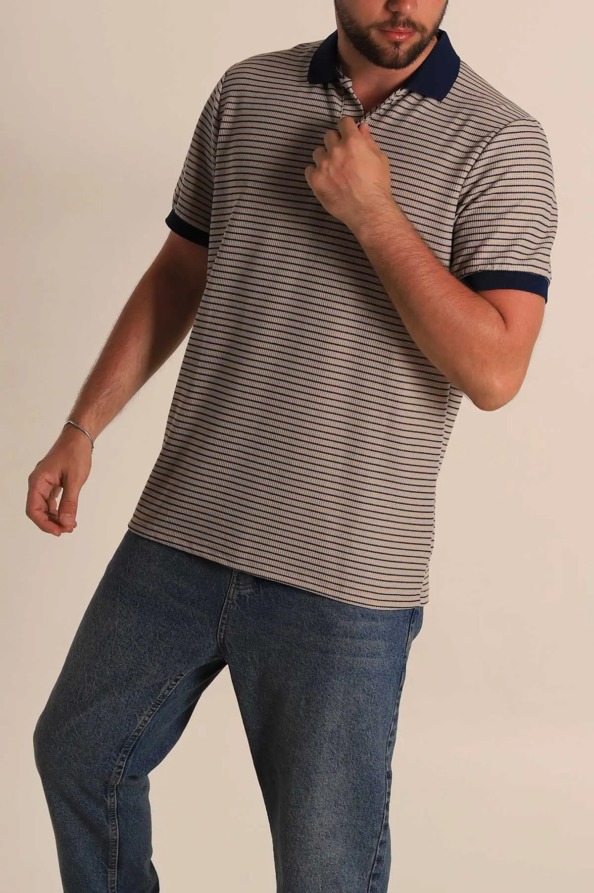 Bej Çizgili Regular Fit Polo Yaka Erkek Tişört 277107