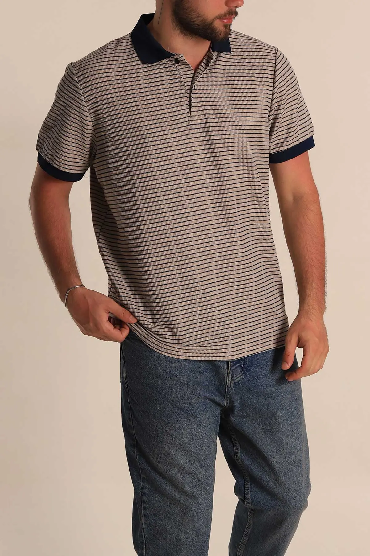 Bej Çizgili Regular Fit Polo Yaka Erkek Tişört 277107