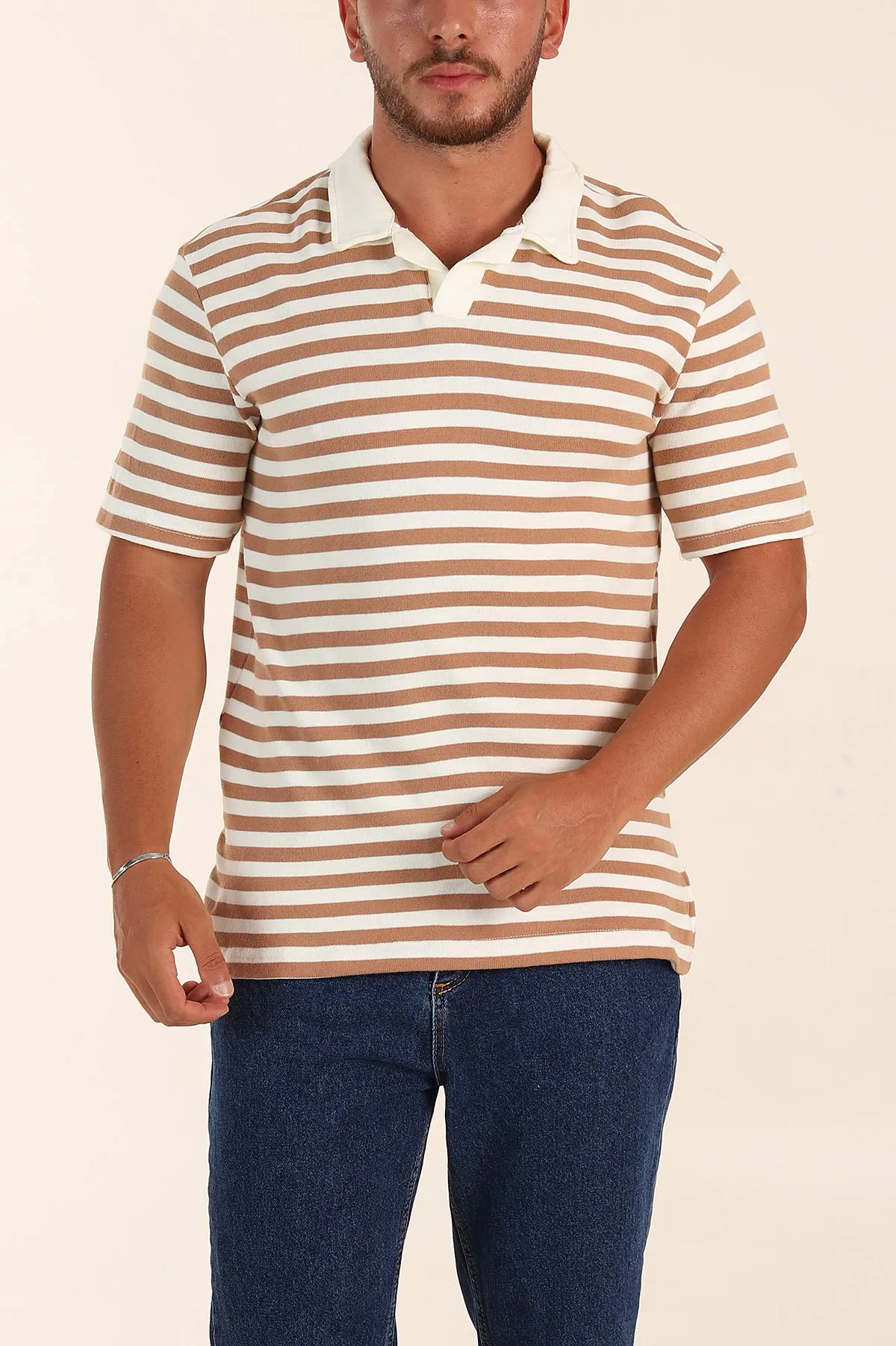 Bej Çizgili Relaxed Fit Polo Yaka Erkek Triko Tişört 276748