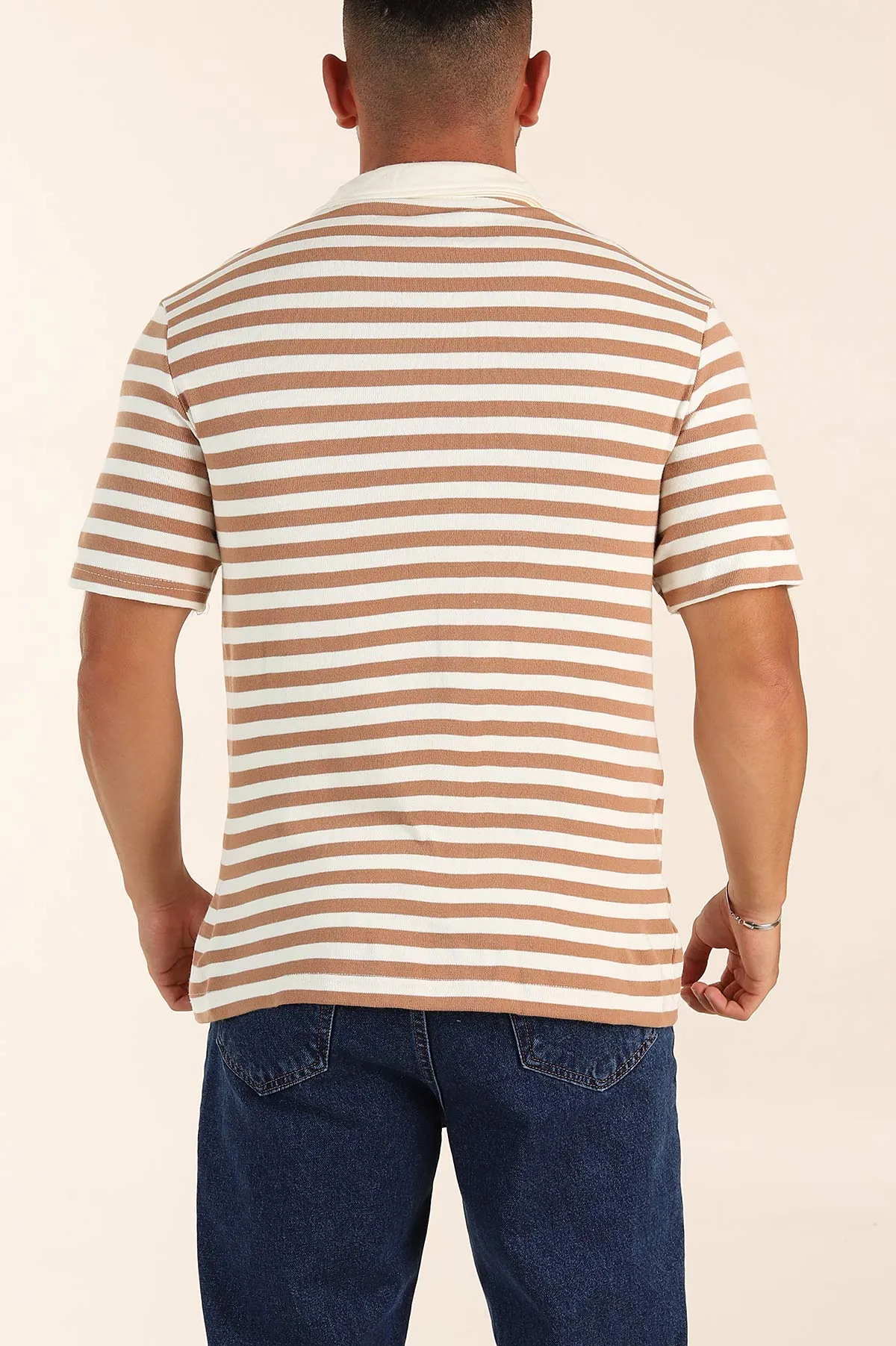 Bej Çizgili Relaxed Fit Polo Yaka Erkek Triko Tişört 276748