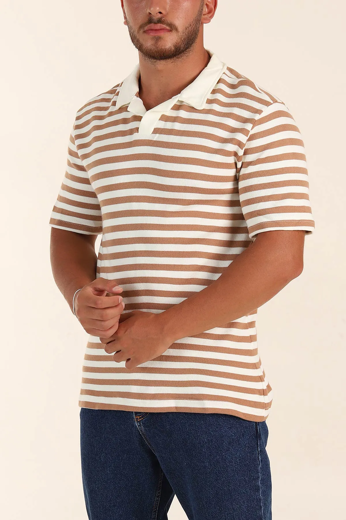Bej Çizgili Relaxed Fit Polo Yaka Erkek Triko Tişört 276748