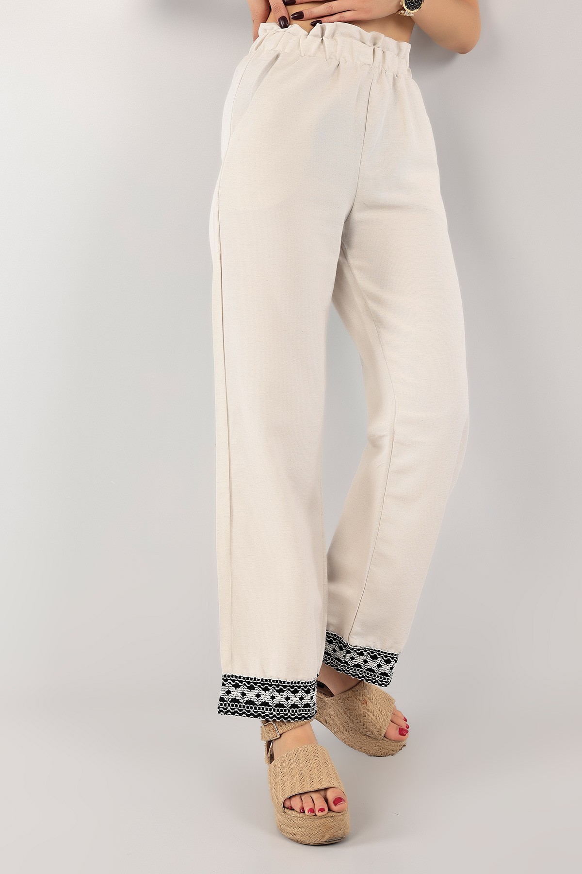 Bej Dantelli Palazzo Keten Pantolon 124019