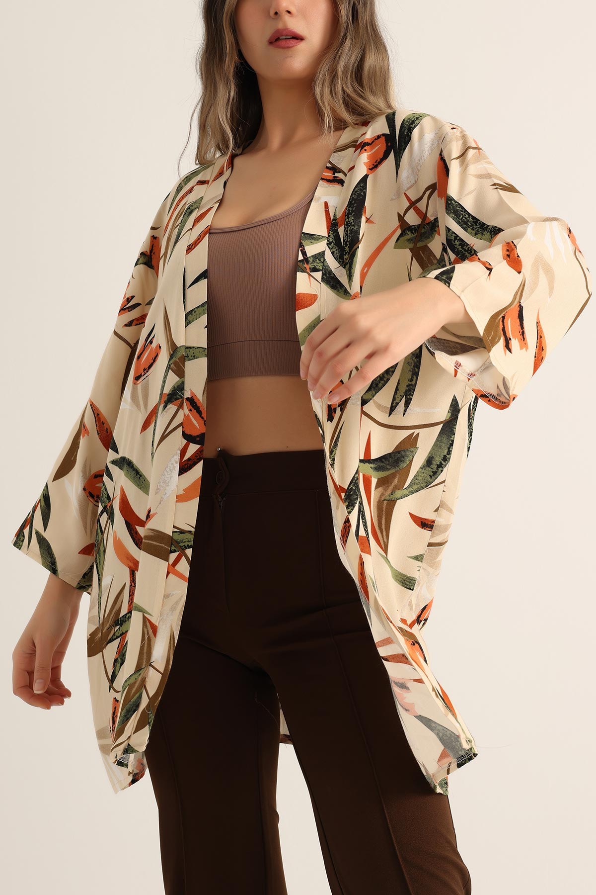Bej Desenli Dokuma Viskon Kimono 173406