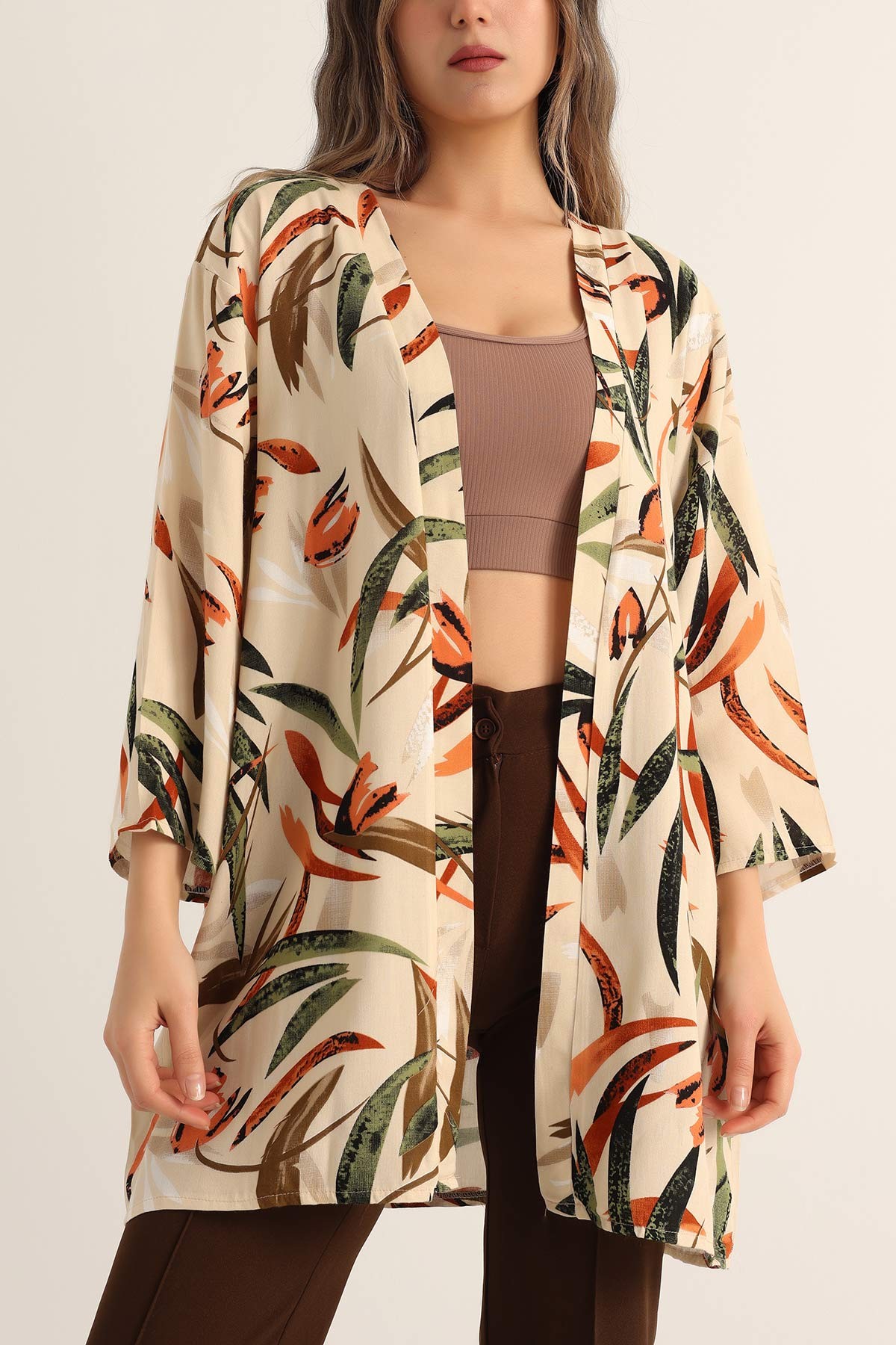 Bej Desenli Dokuma Viskon Kimono 173406