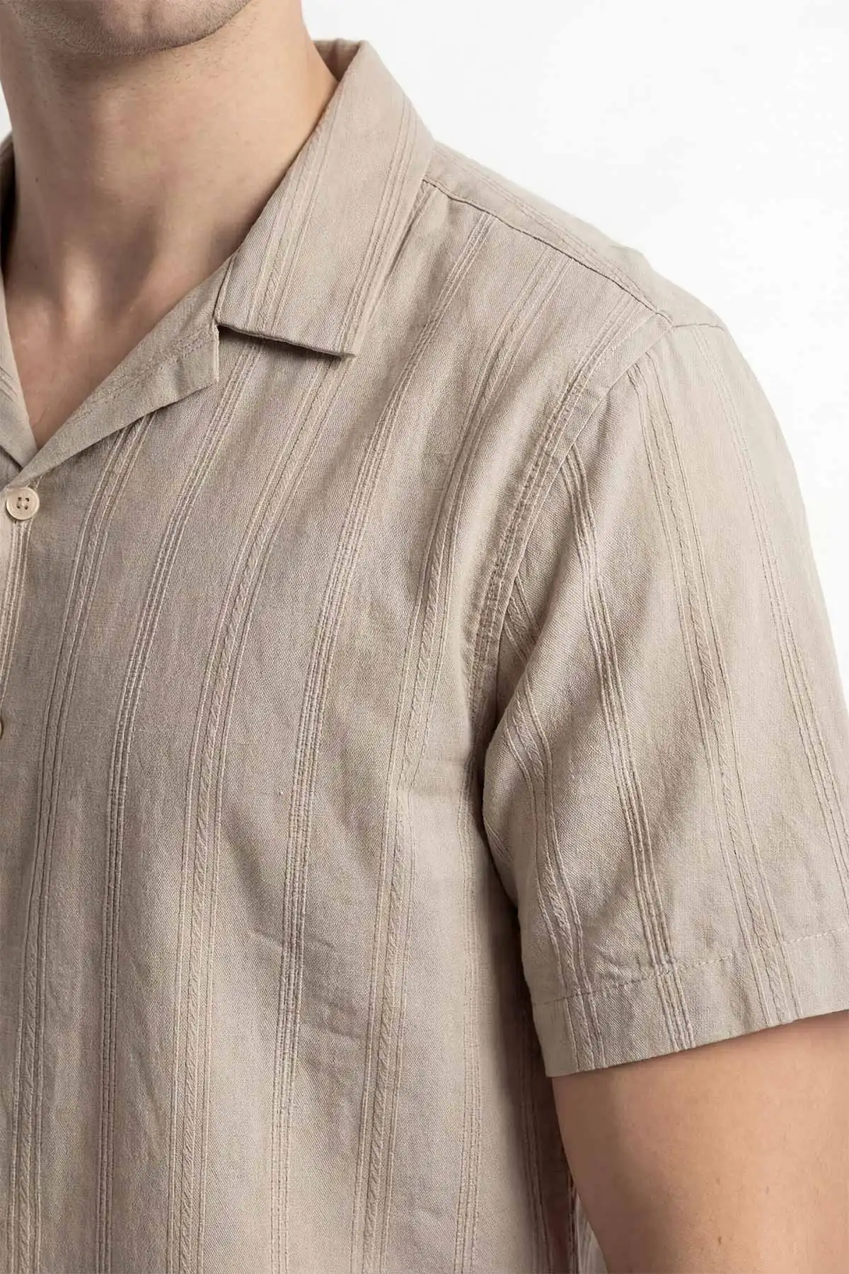 Bej Desenli Keten Kısa Kollu Erkek Gömlek 450027