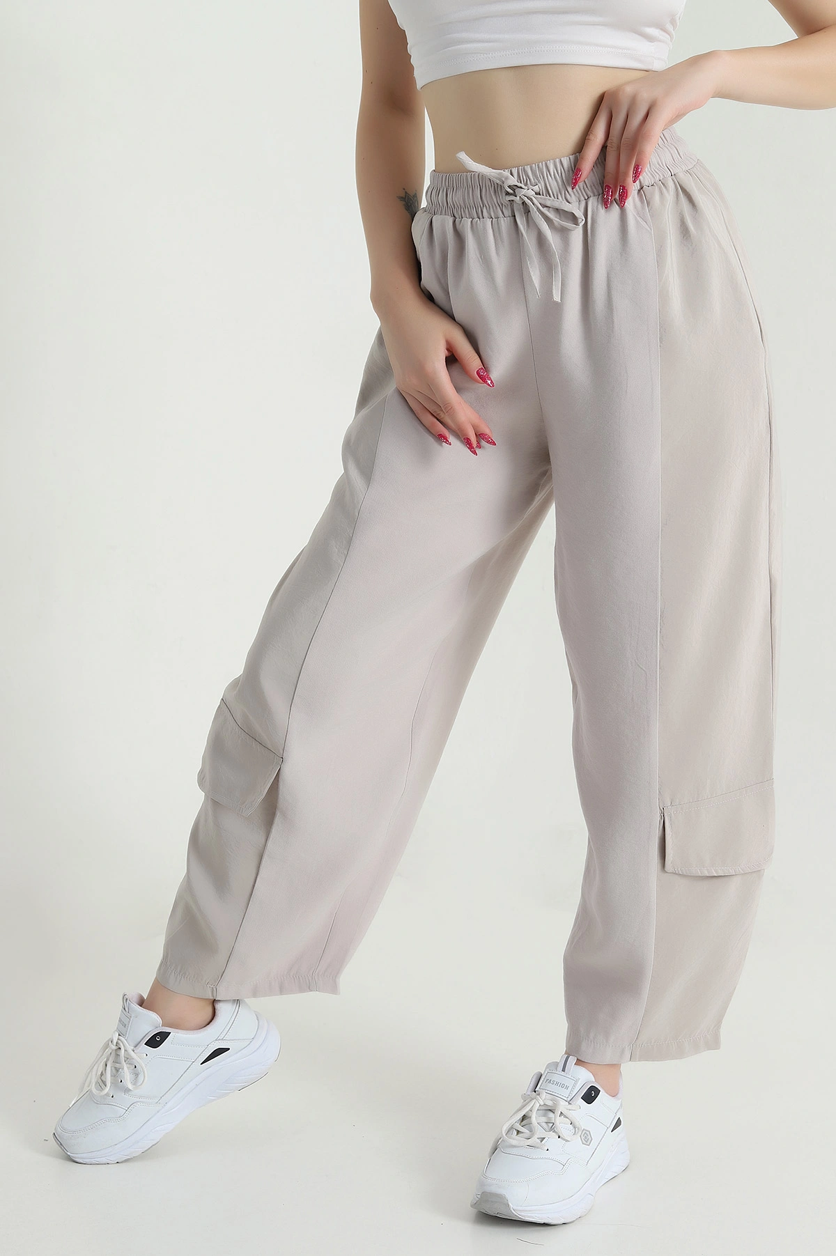 Bej Diagonel Tencel Kadın Kargo Pantolon 475768