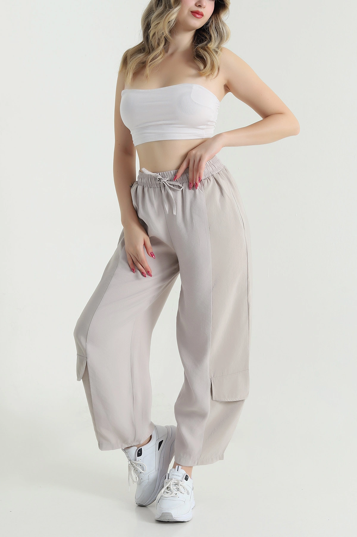 Bej Diagonel Tencel Kadın Kargo Pantolon 475768