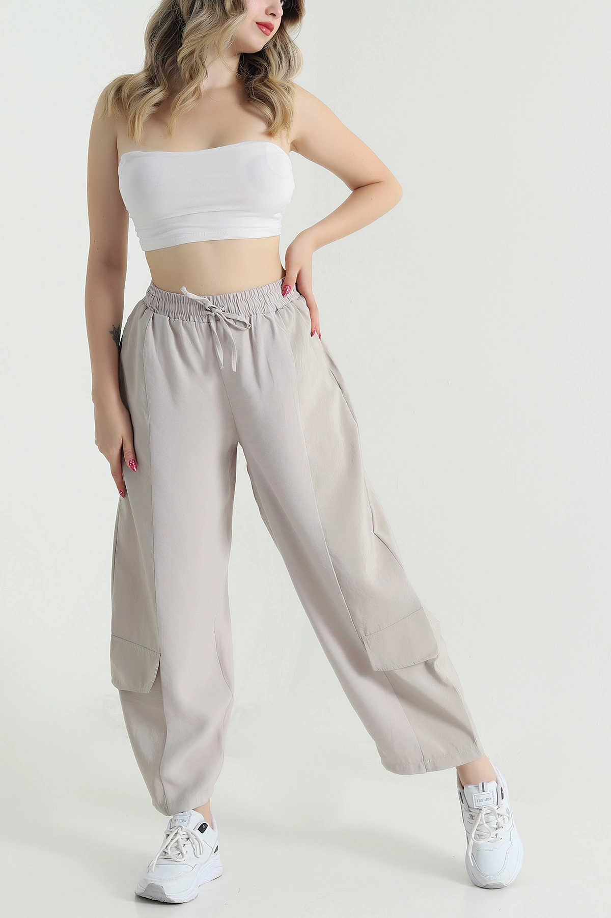 Bej Diagonel Tencel Kadın Kargo Pantolon 475768