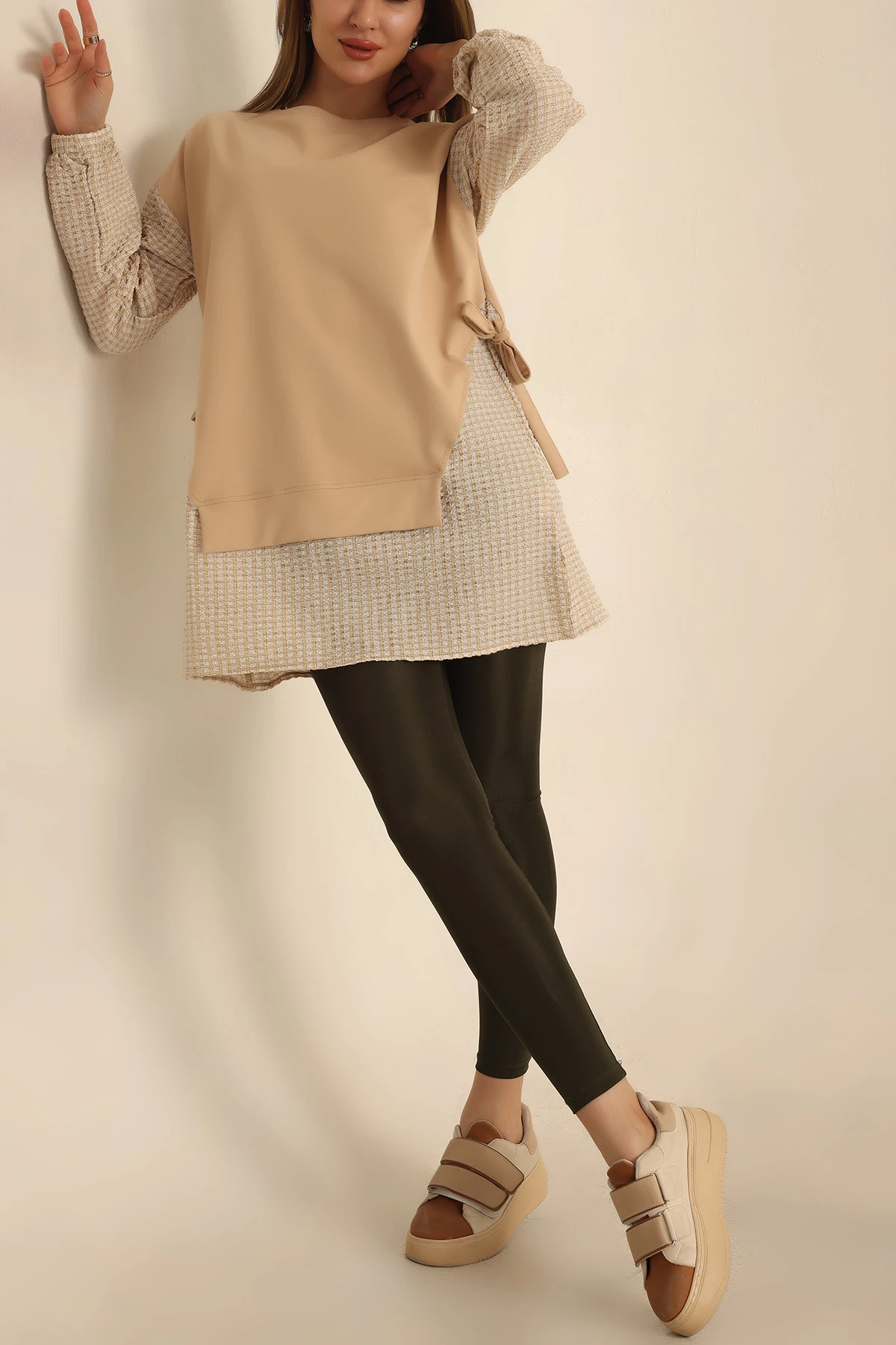 Bej Dokuma Kol Garnili İki İp Tunik 245348