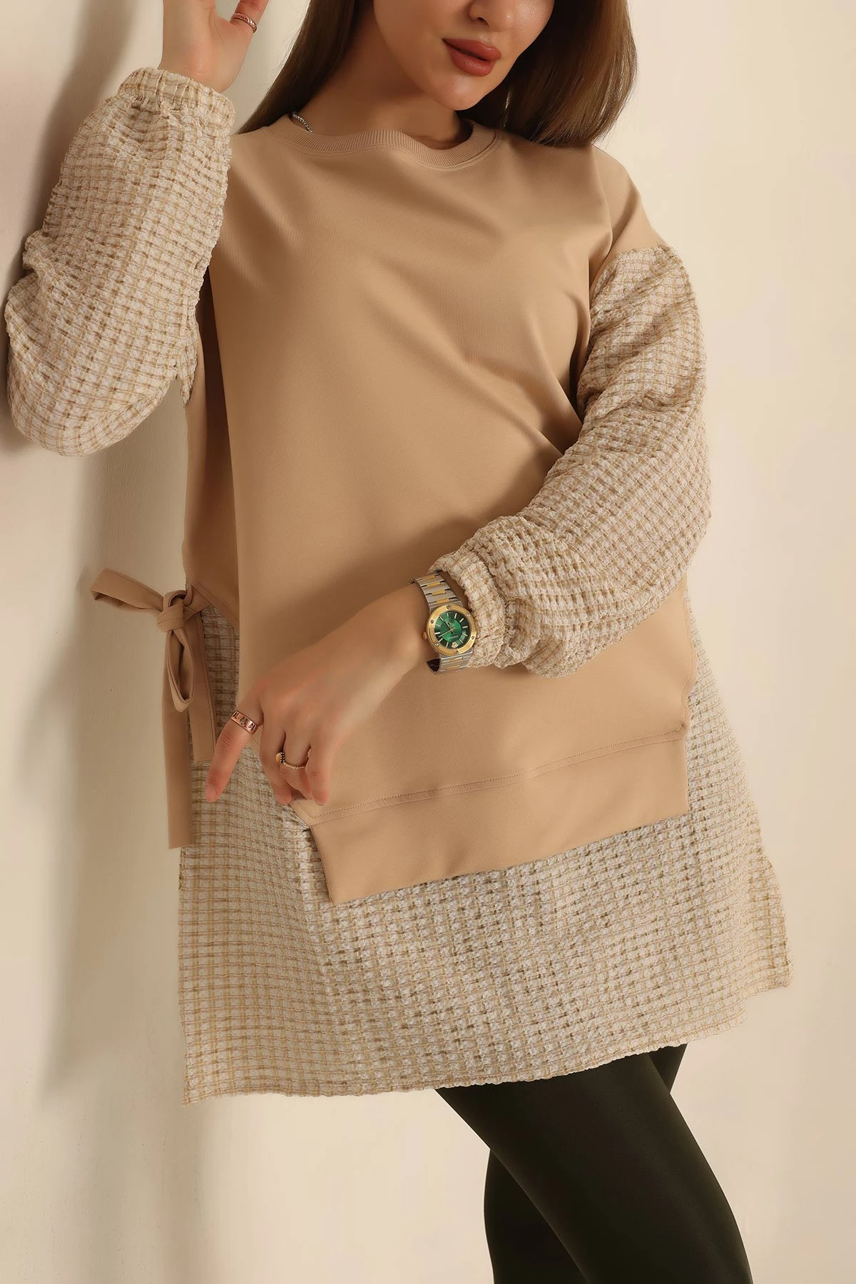 Bej Dokuma Kol Garnili İki İp Tunik 245348