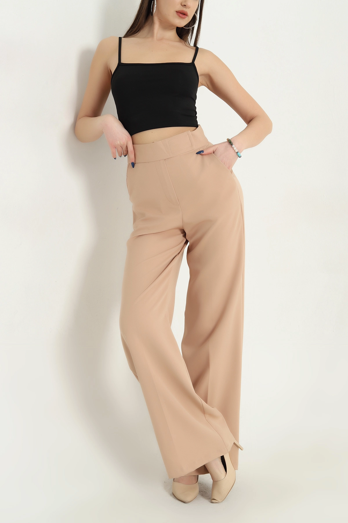 Bej Double Cırtlı Palazzo Kadın Pantolon 338074