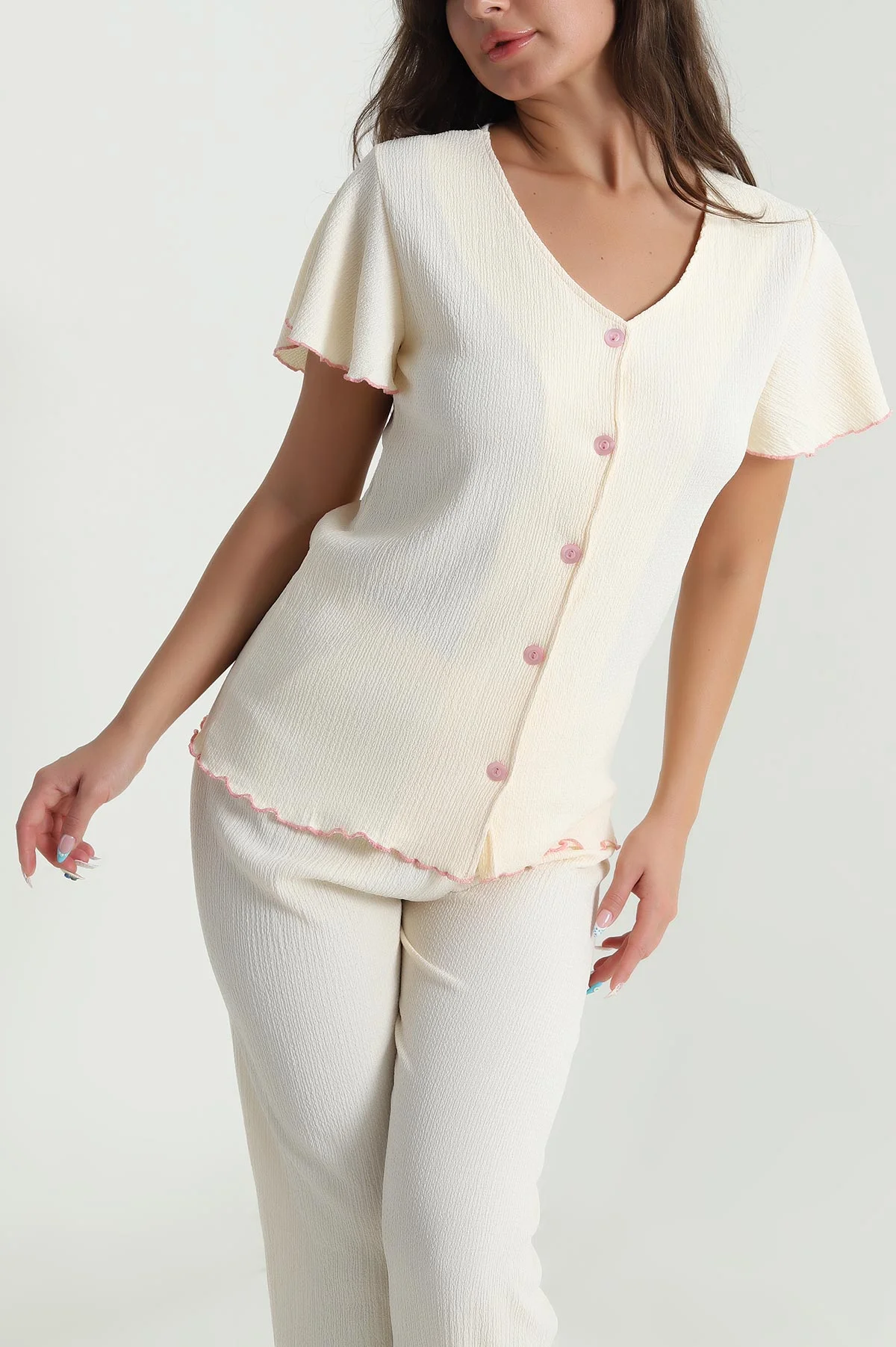 Bej Düğmeli Bürümcük Kadın Pijama Takımı 479560