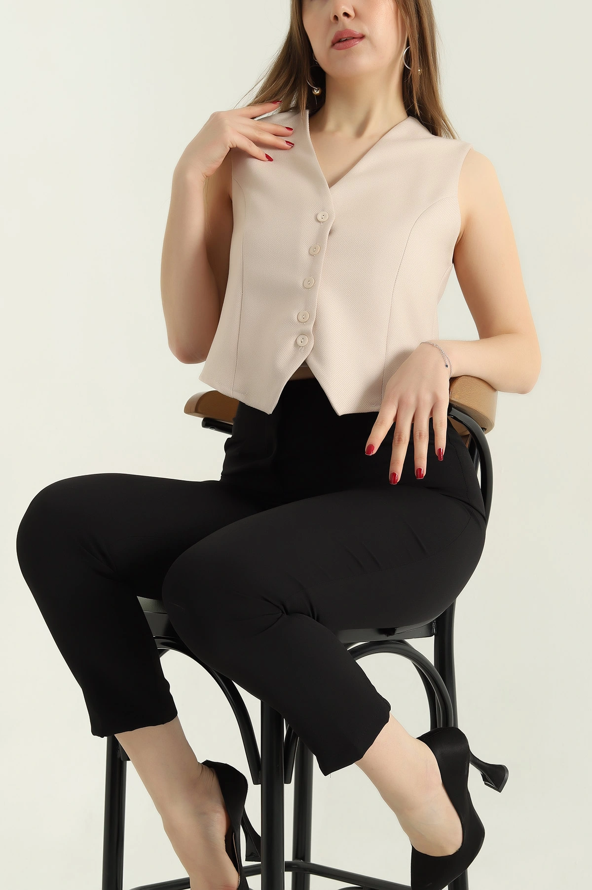 Bej Düğmeli Fitilli Bayan Yelek 336741