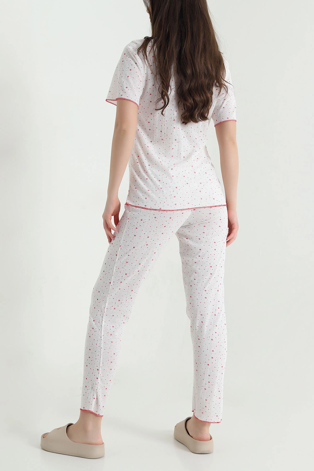 Bej Düğmeli Kısa Kollu Kadın Pijama Takımı 454583