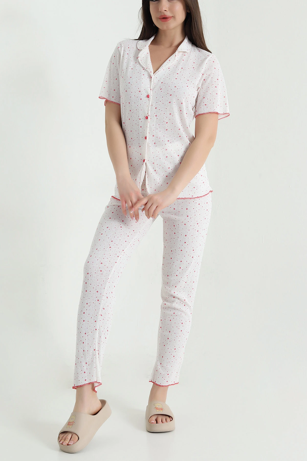Bej Düğmeli Kısa Kollu Kadın Pijama Takımı 454583