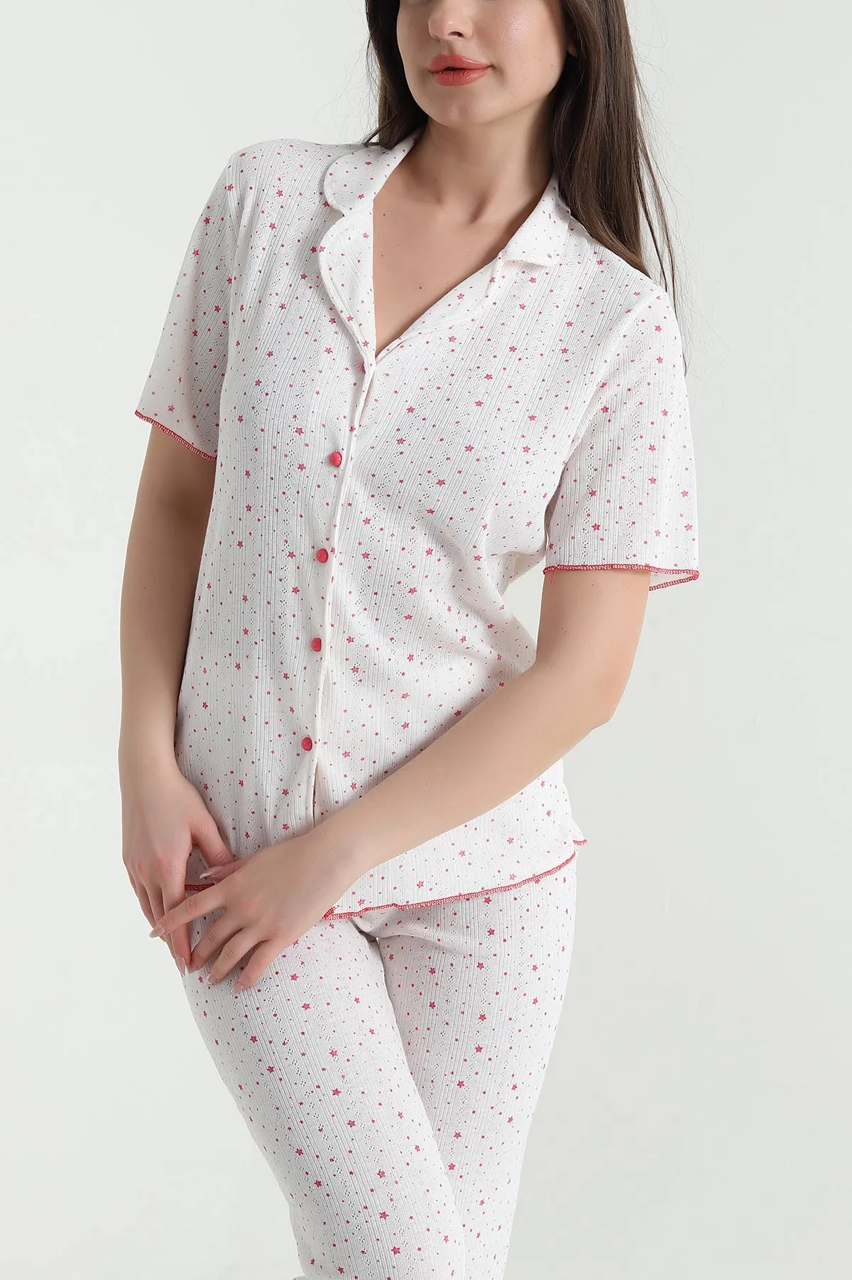 Bej Düğmeli Kısa Kollu Kadın Pijama Takımı 454583