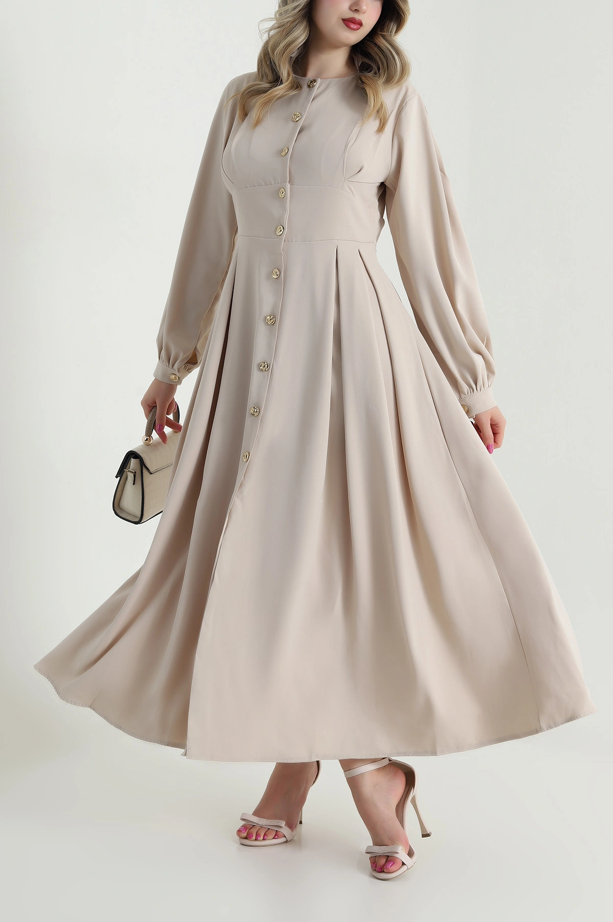 Bej Düğmeli Linda Kadın Elbise 484099