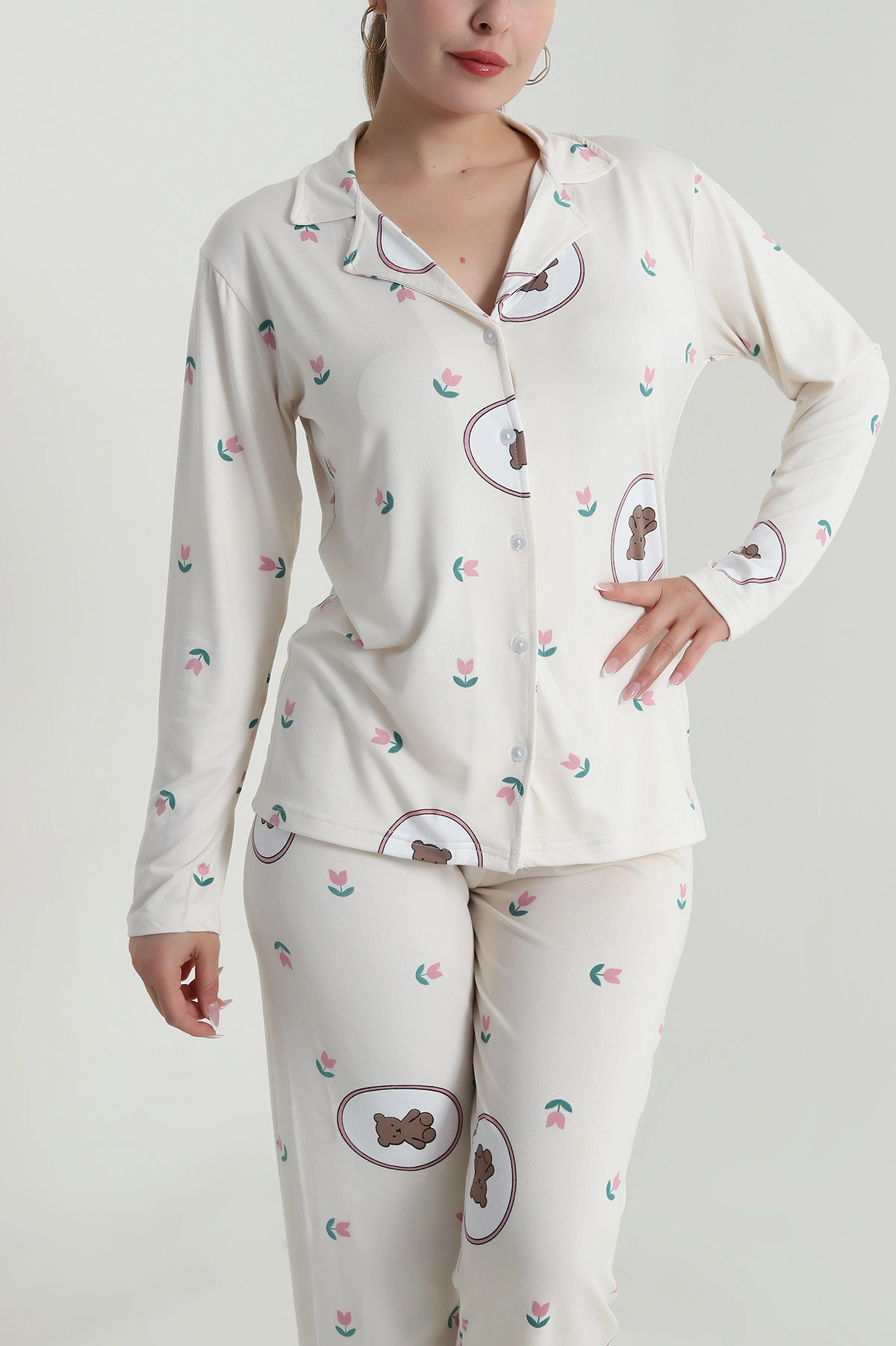 Bej Düğmeli Milan Kadın Pijama Takımı 486252