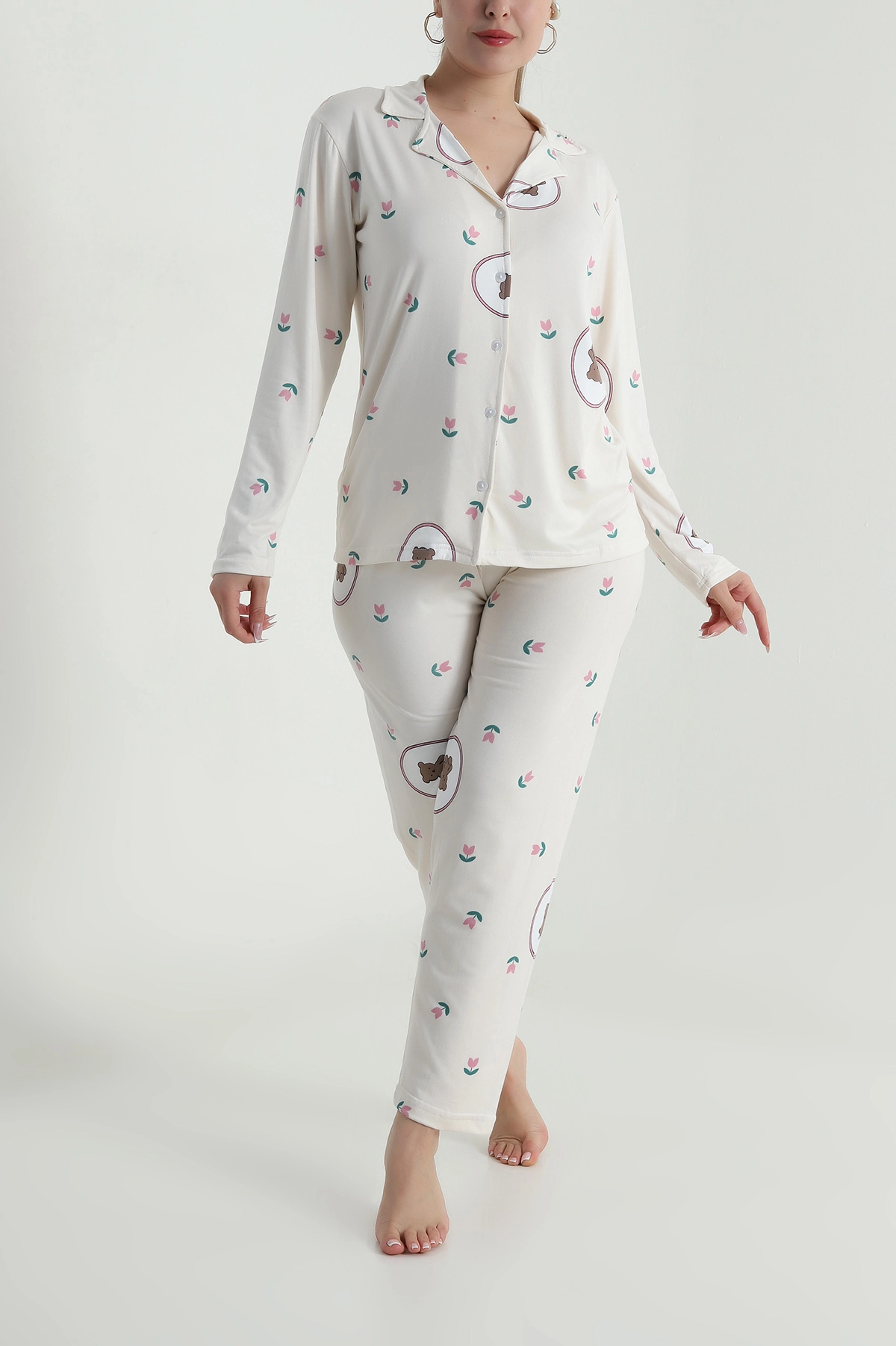 Bej Düğmeli Milan Kadın Pijama Takımı 486252