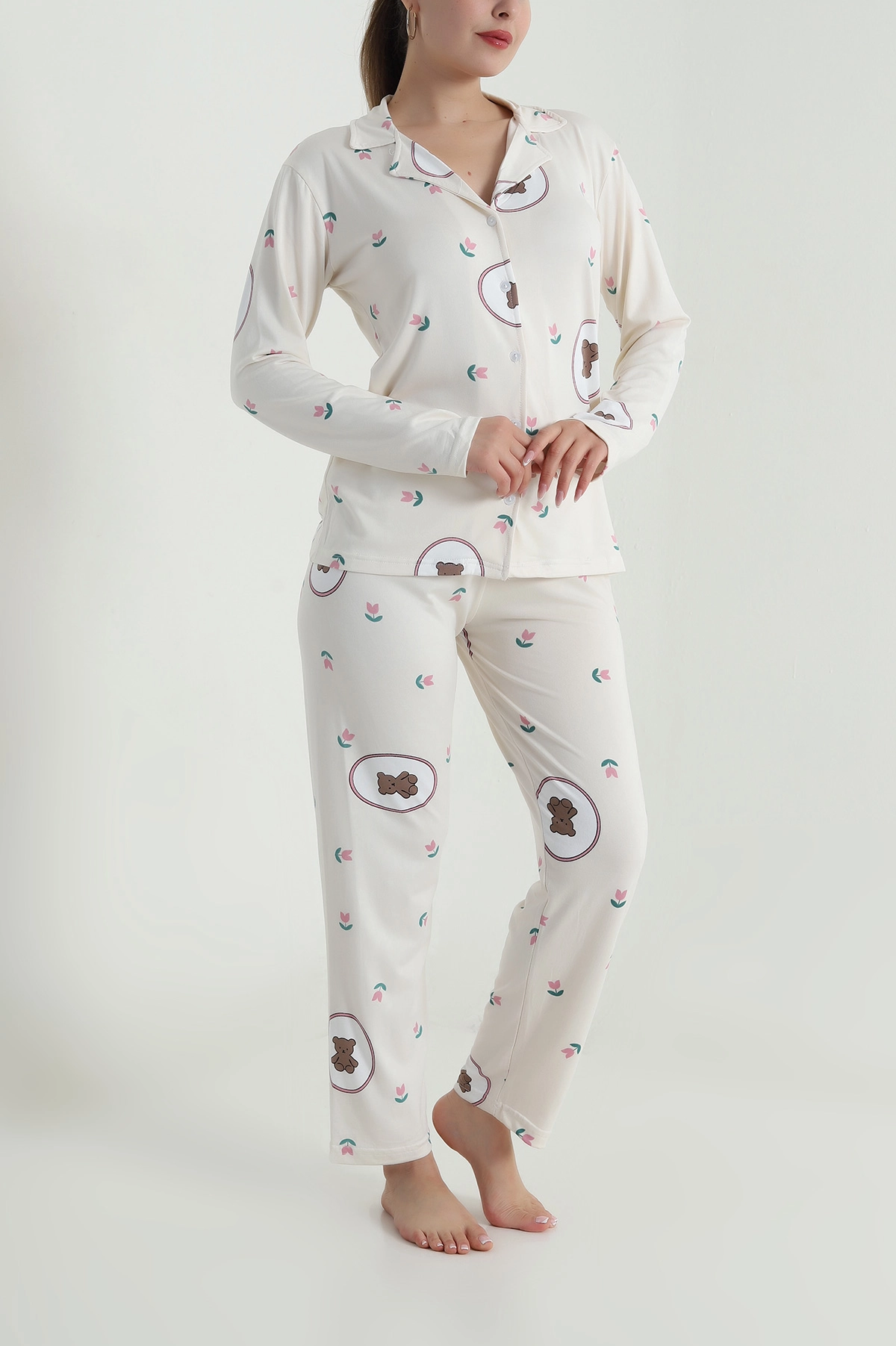 Bej Düğmeli Milan Kadın Pijama Takımı 486252