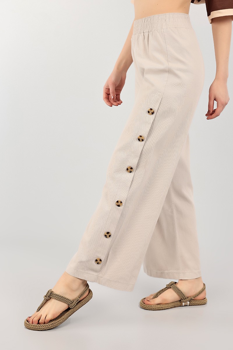 Bej Düğmeli Tasarım Bol Paça Gabardin Pantolon 103239