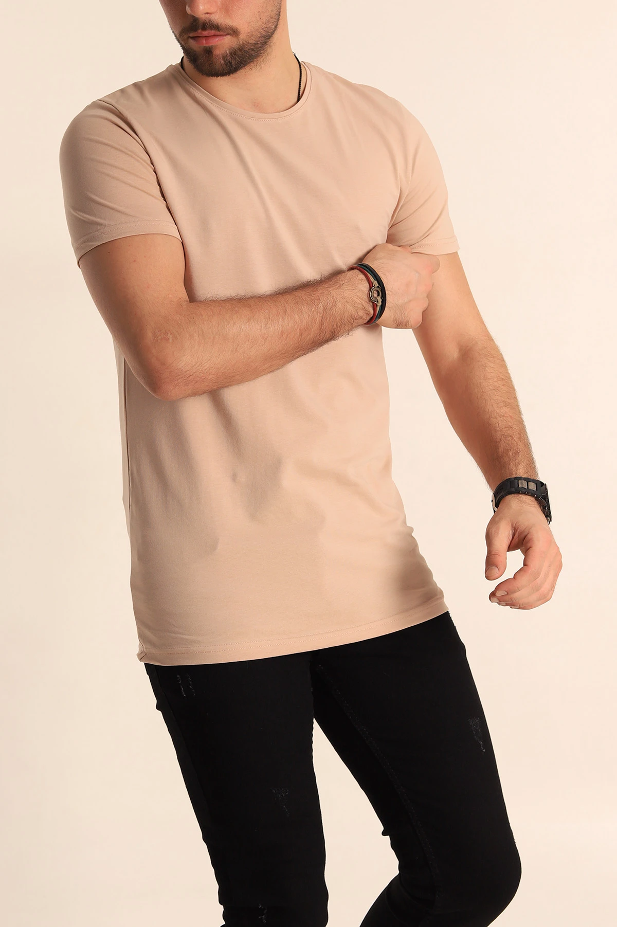 Bej Düz Kesim Basic Erkek Tişört 169574