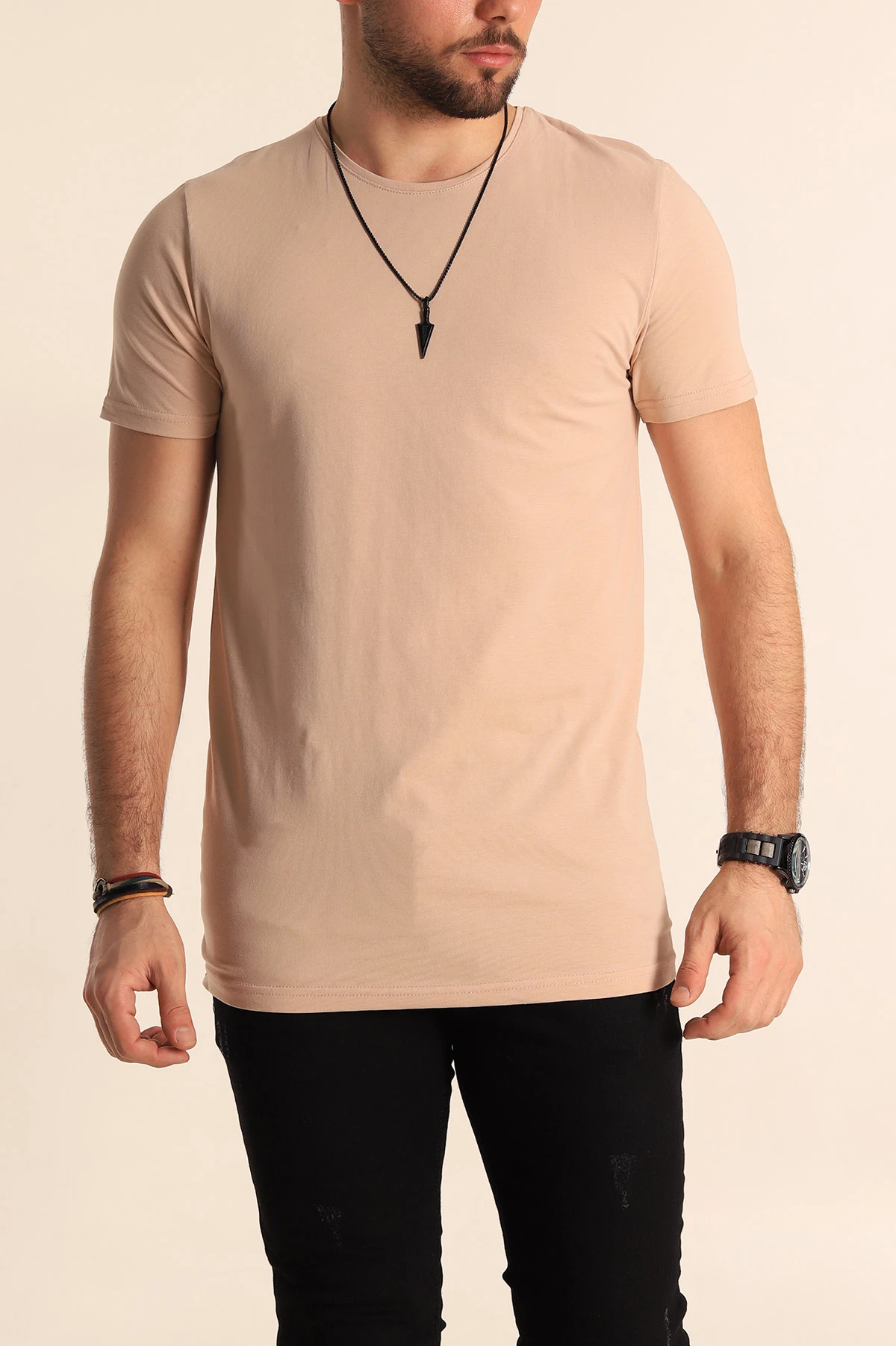 Bej Düz Kesim Basic Erkek Tişört 169574