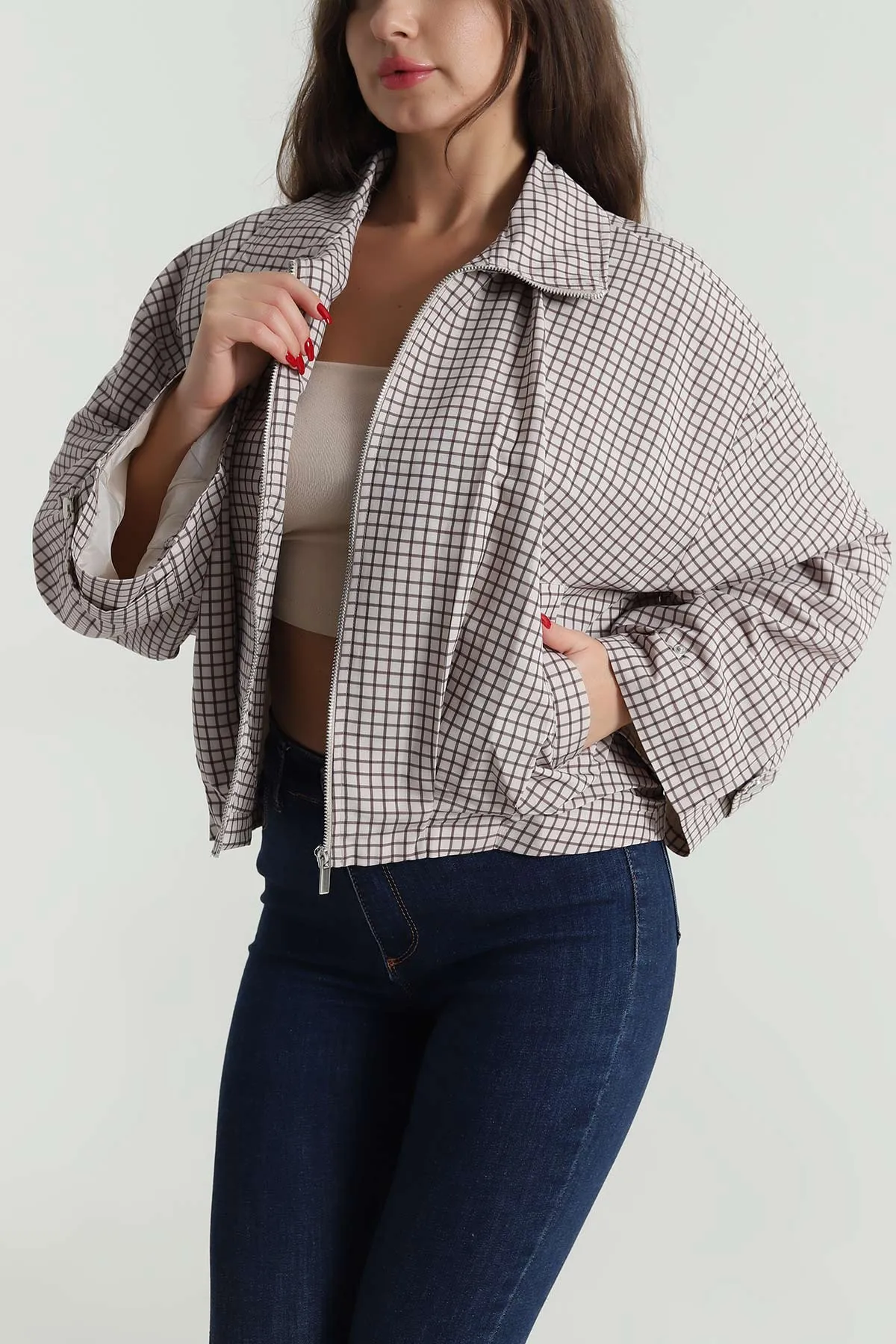 Bej Ekose Bomber Kadın Mevsimlik Mont 493900