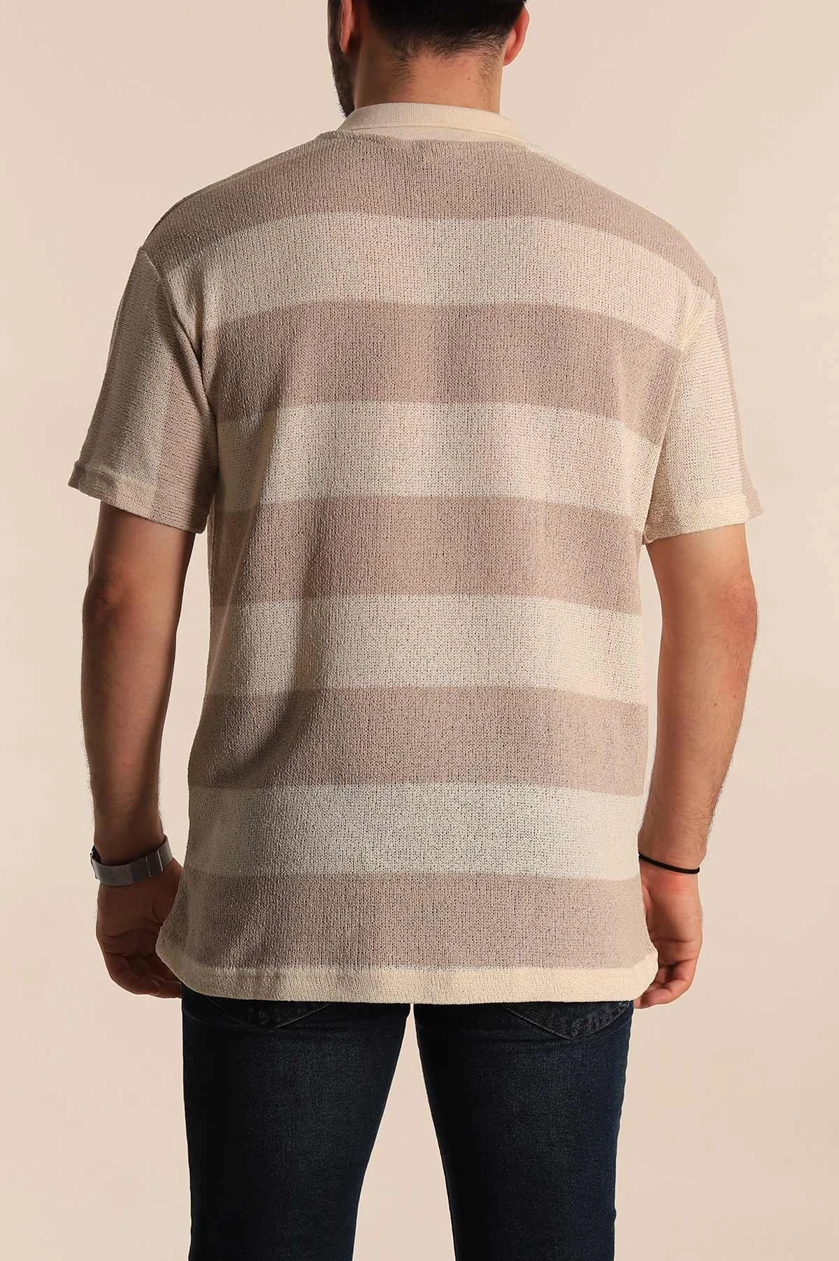 Bej Ekru Geniş Çizgili Oversize Polo Yaka Erkek Tişört 269201