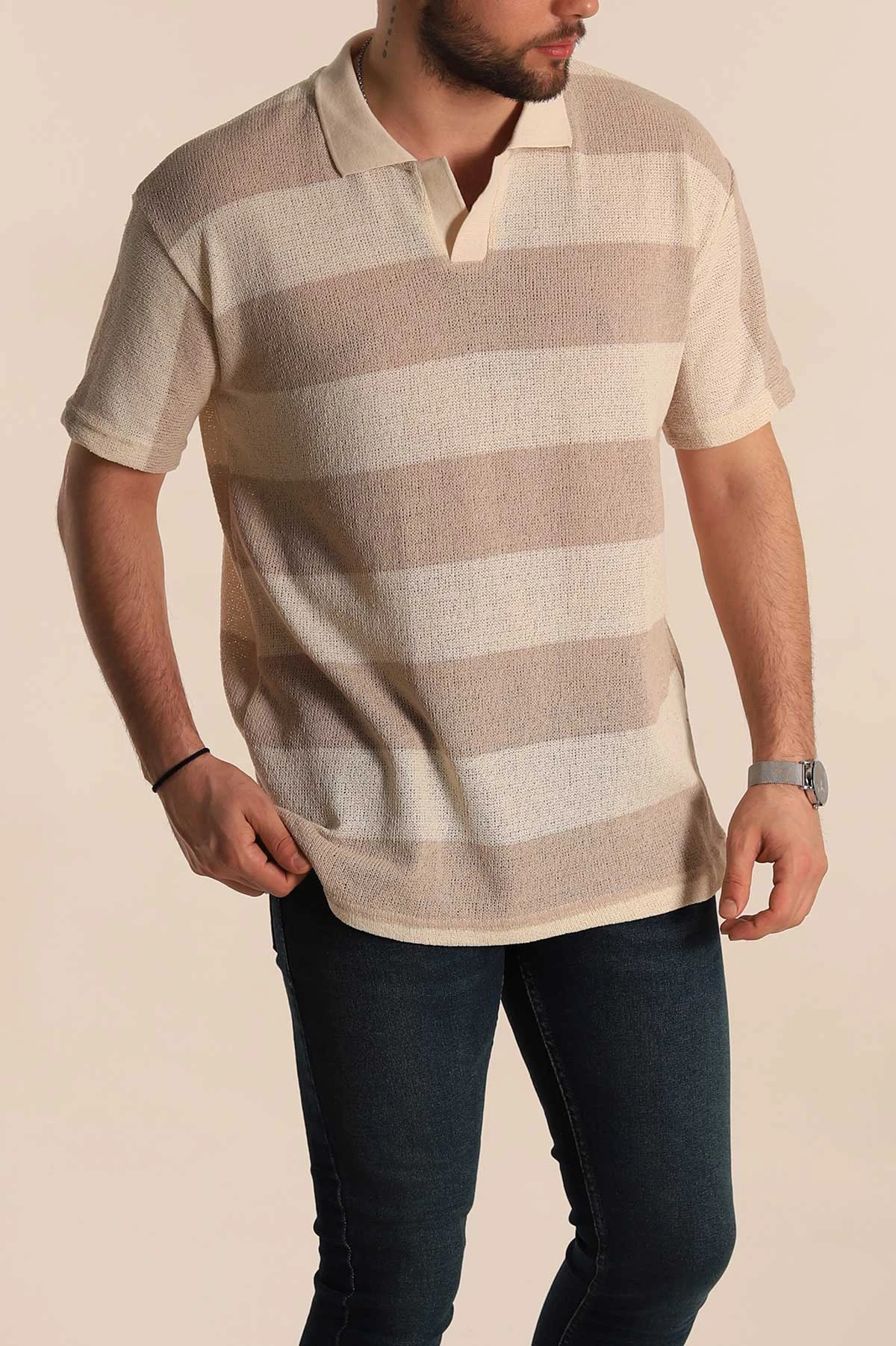 Bej Ekru Geniş Çizgili Oversize Polo Yaka Erkek Tişört 269201