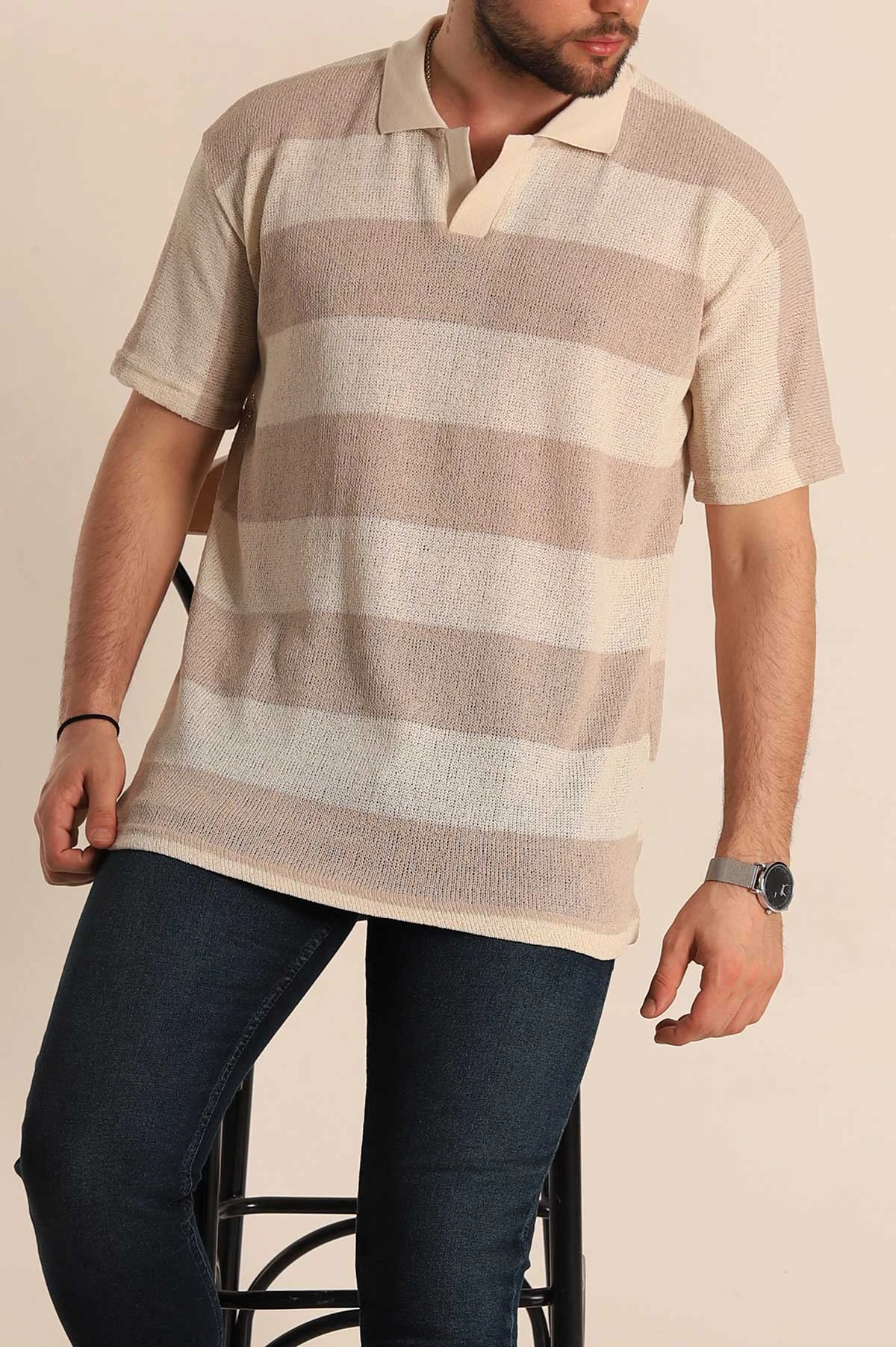 Bej Ekru Geniş Çizgili Oversize Polo Yaka Erkek Tişört 269201