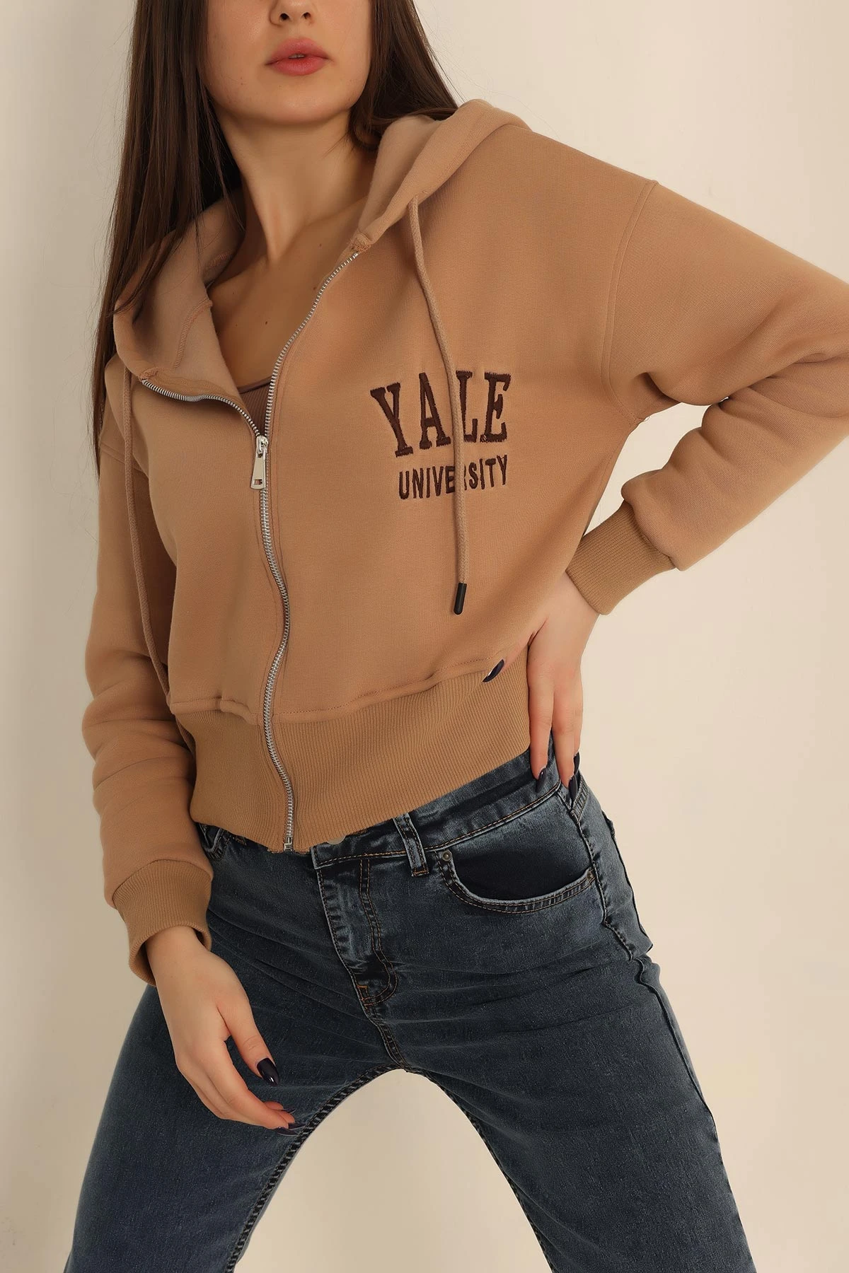 Bej Fermuarlı İçi Şardonlu Bayan Sweat 224408
