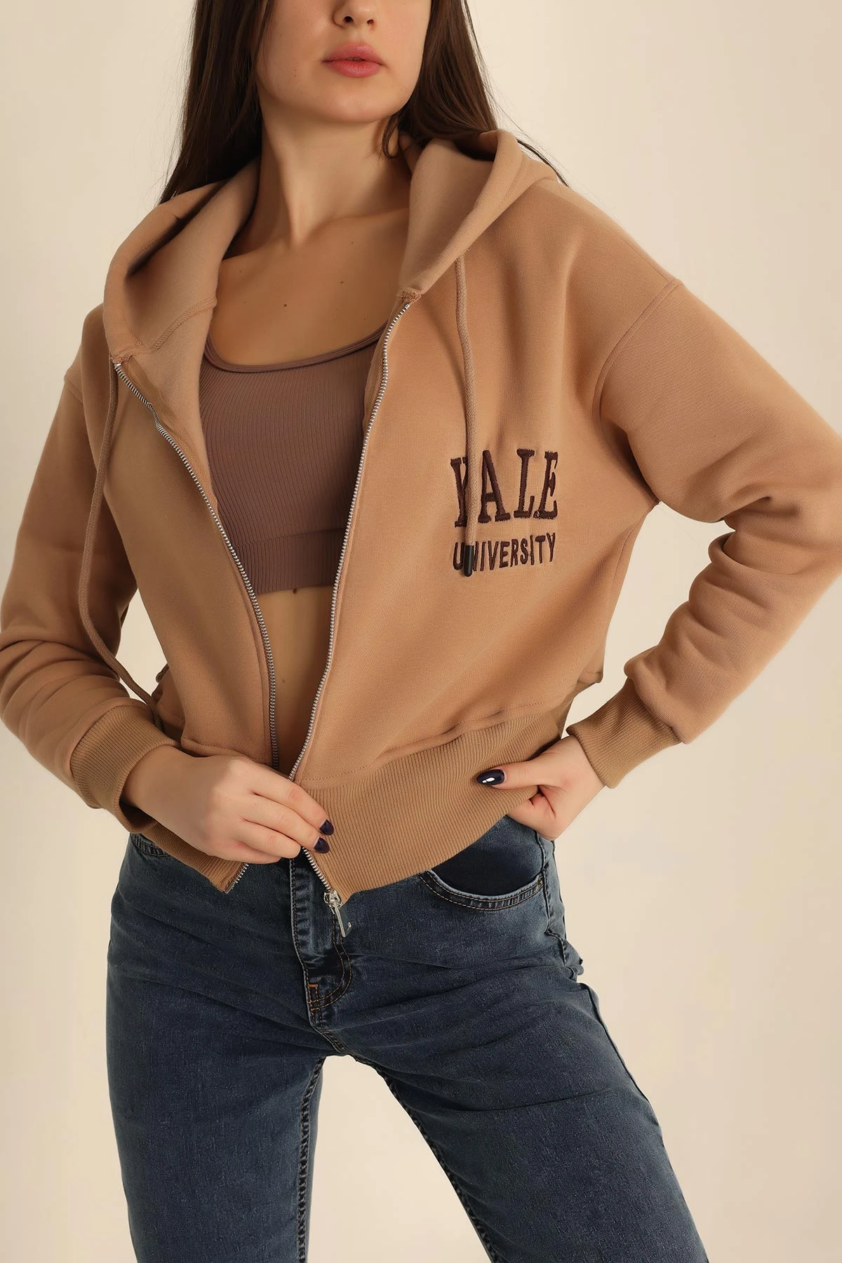 Bej Fermuarlı İçi Şardonlu Bayan Sweat 224408