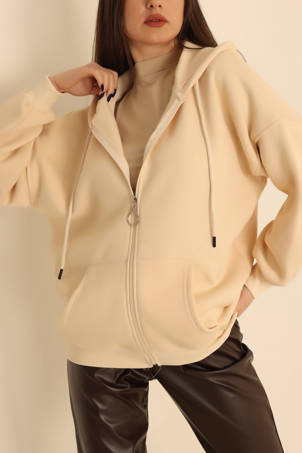 Bej Fermuarlı Şardonlu Bayan Sweat 222150