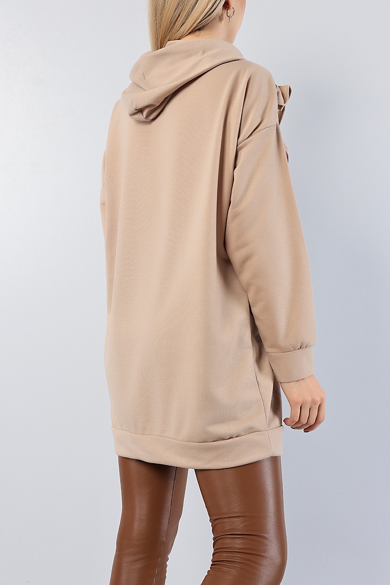 Bej Fırfır Tasarımlı Kapüşonlu Sweat Tunik 79462
