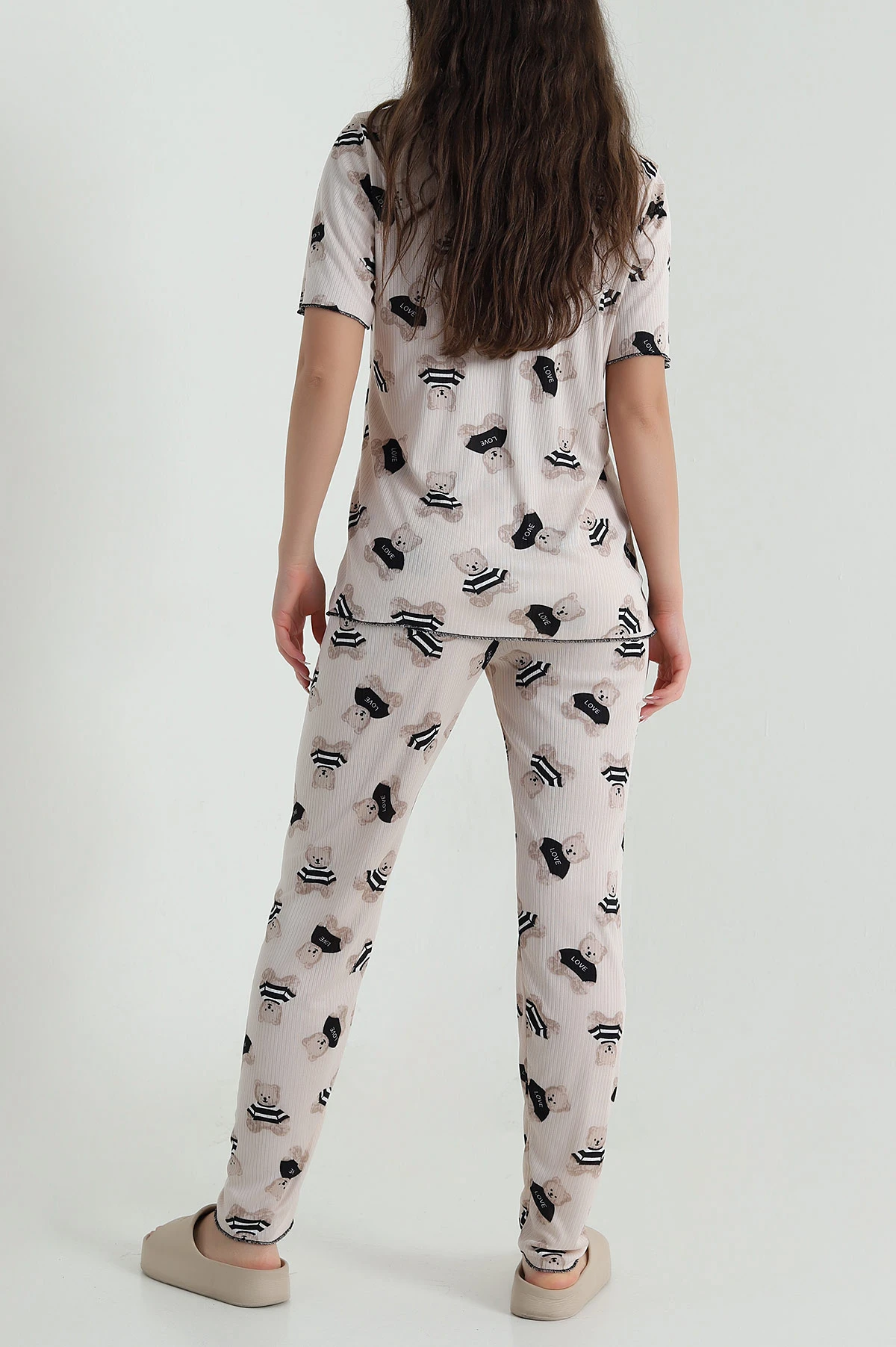 Bej Fitilli Düğmeli Kadın Pijama Takımı 458841