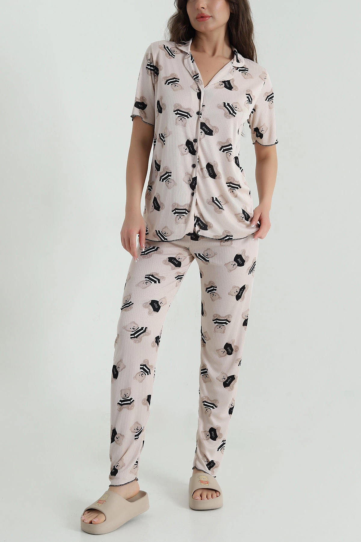 Bej Fitilli Düğmeli Kadın Pijama Takımı 458841