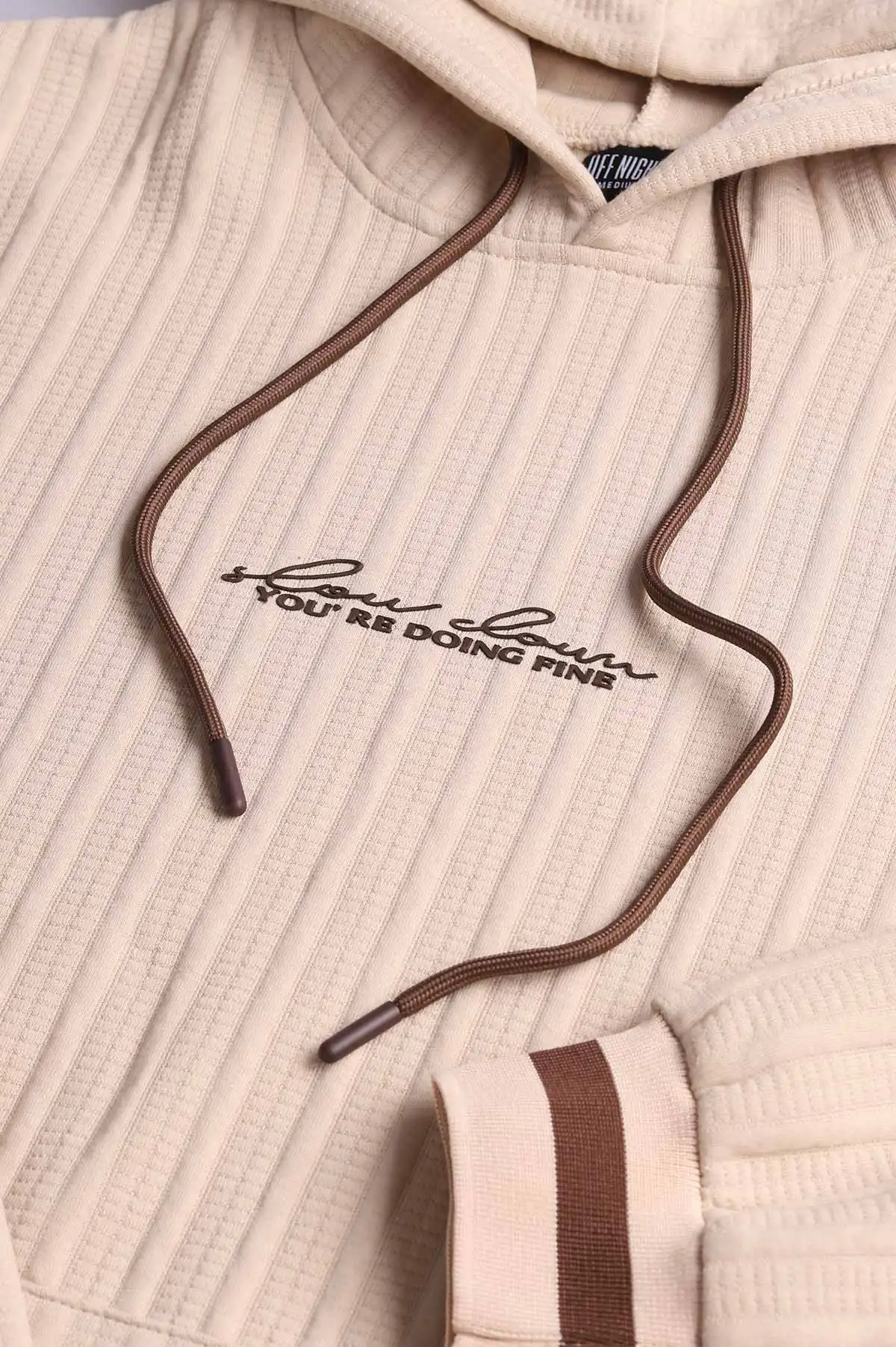 Bej Fitilli Yazı Detaylı Kapüşonlu Erkek Sweatshirt 396197