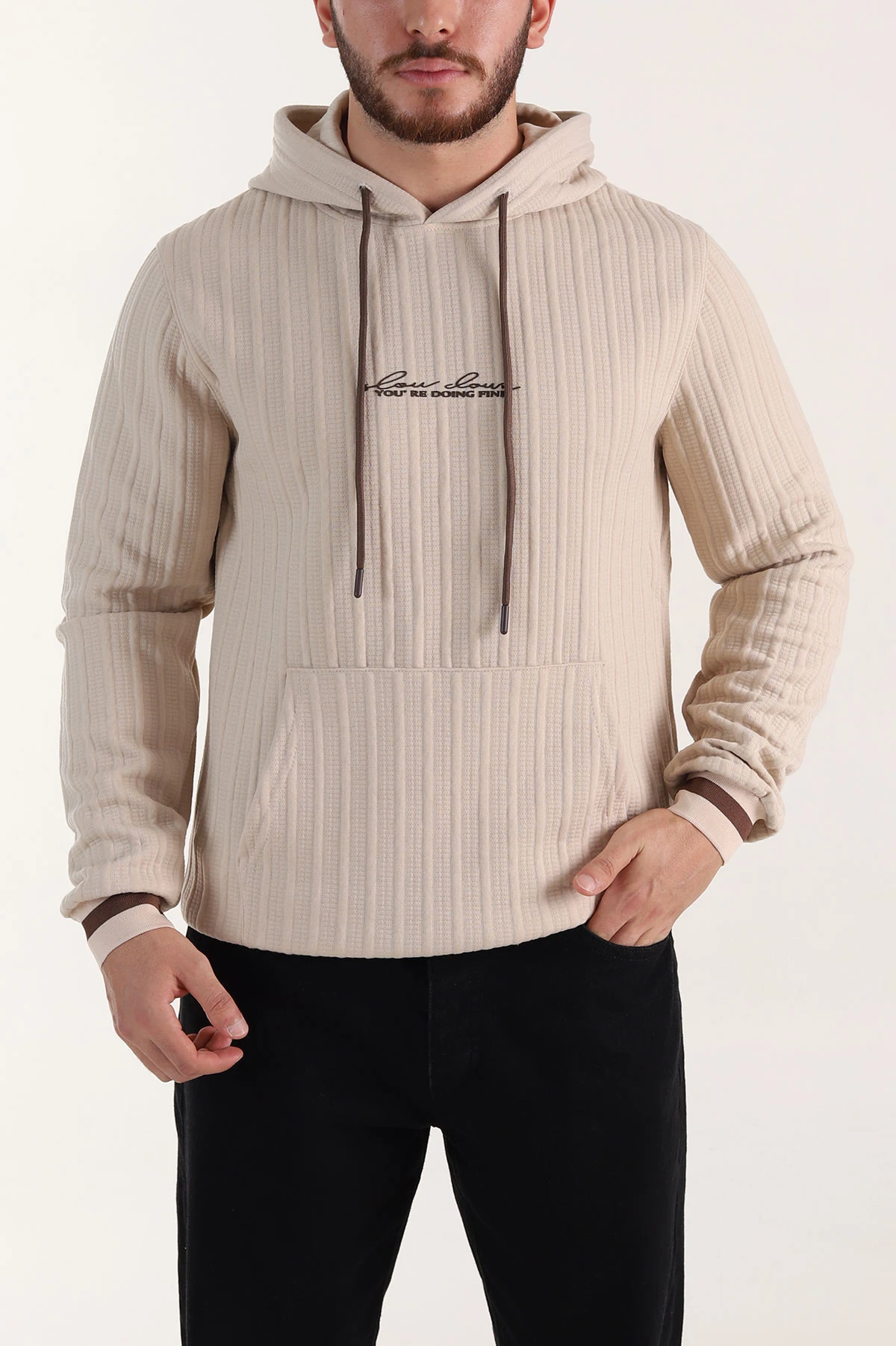 Bej Fitilli Yazı Detaylı Kapüşonlu Erkek Sweatshirt 396197