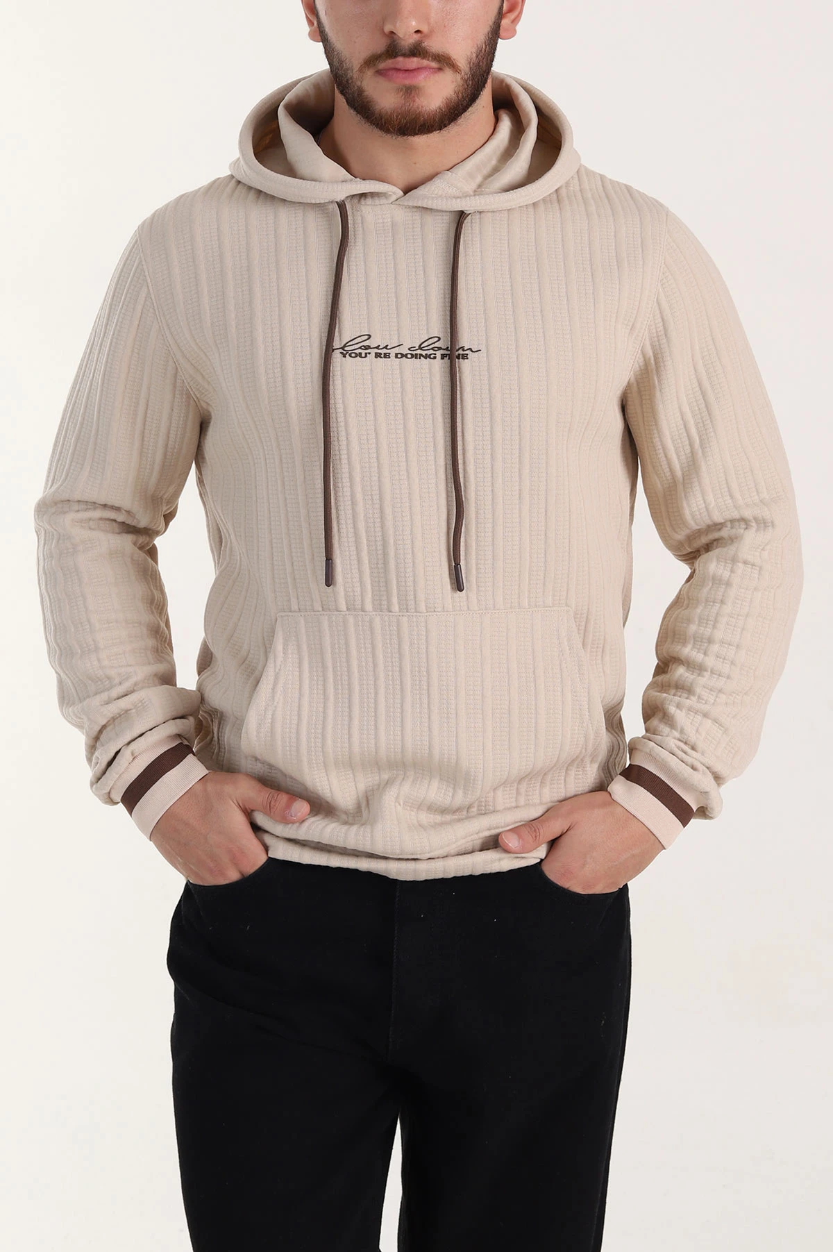 Bej Fitilli Yazı Detaylı Kapüşonlu Erkek Sweatshirt 396197