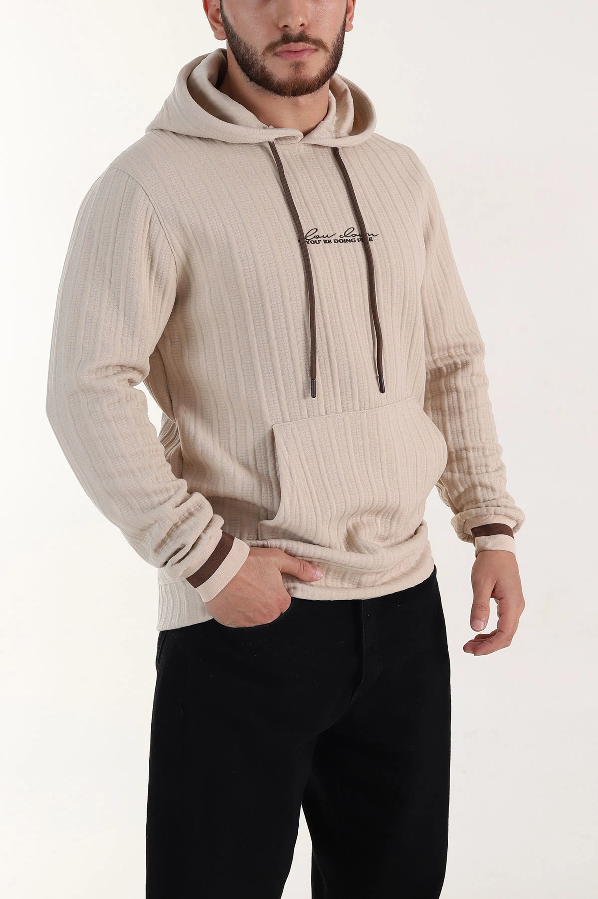 Bej Fitilli Yazı Detaylı Kapüşonlu Erkek Sweatshirt 396197