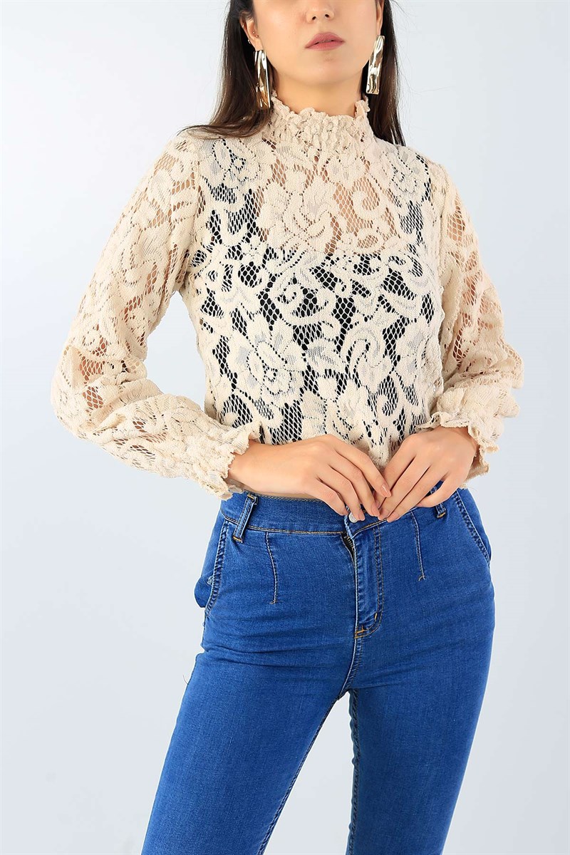 Bej Flok Tasarım Bluz 42379