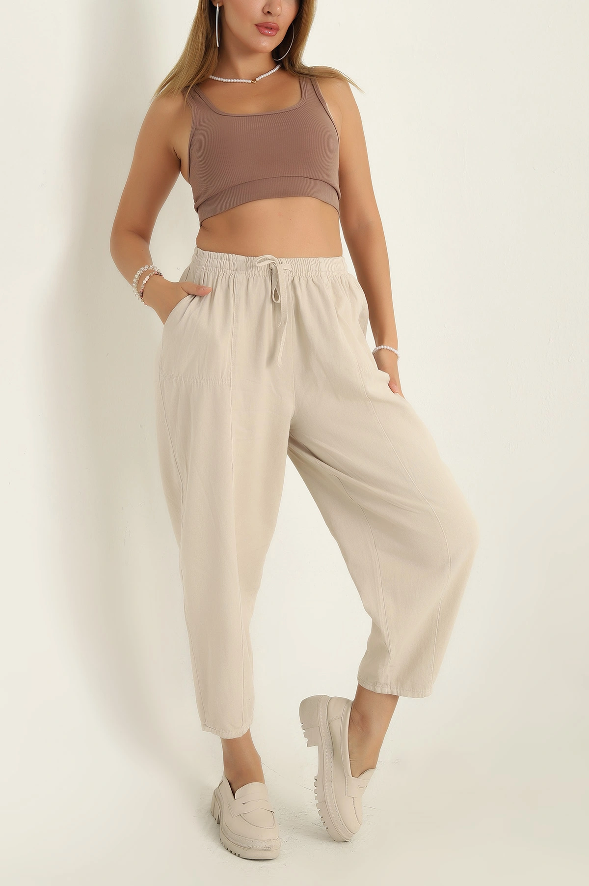 Bej Gabardin Çimalı Bayan Pantolon 300324