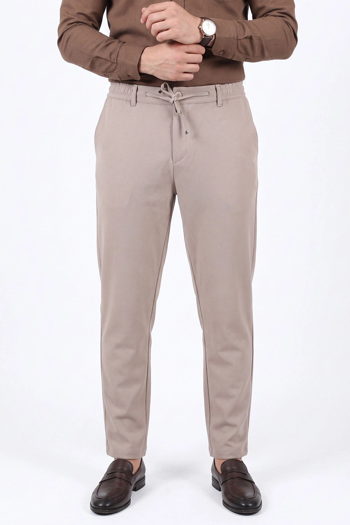 Bej Gabardin Kumaş Bağlamalı Erkek Pantolon 491670