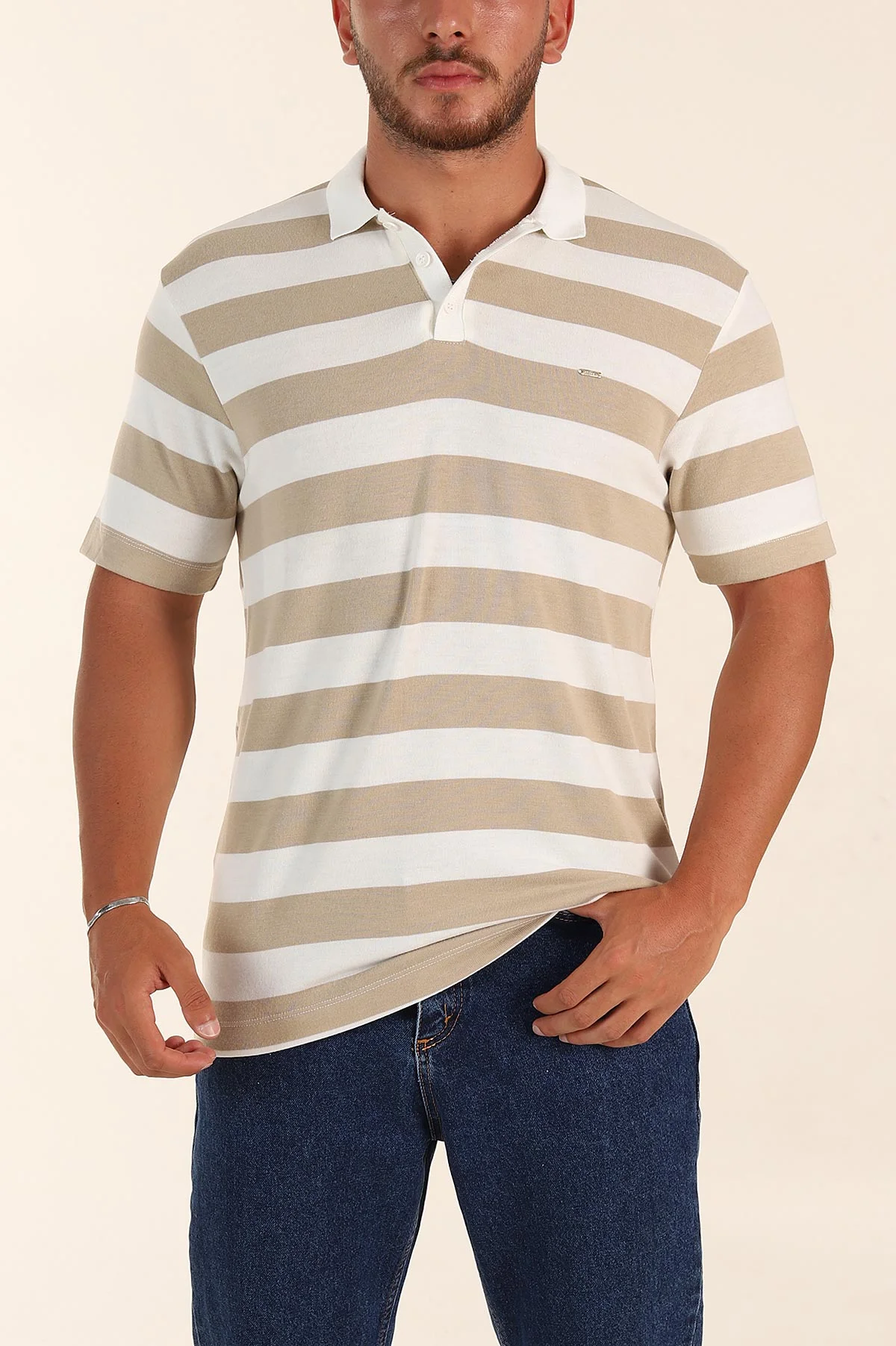 Bej Geniş Çizgili Relaxed Fit Polo Yaka Erkek Triko Tişört 268149