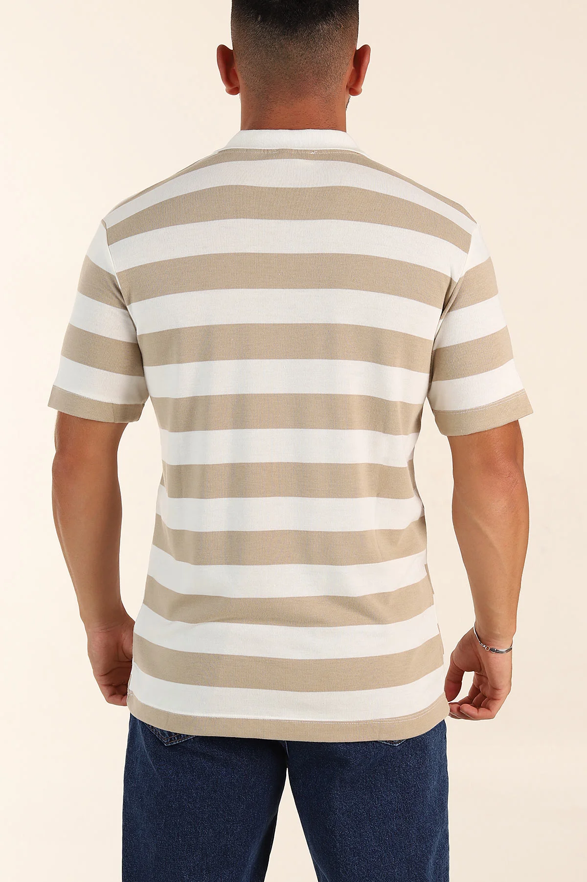 Bej Geniş Çizgili Relaxed Fit Polo Yaka Erkek Triko Tişört 268149
