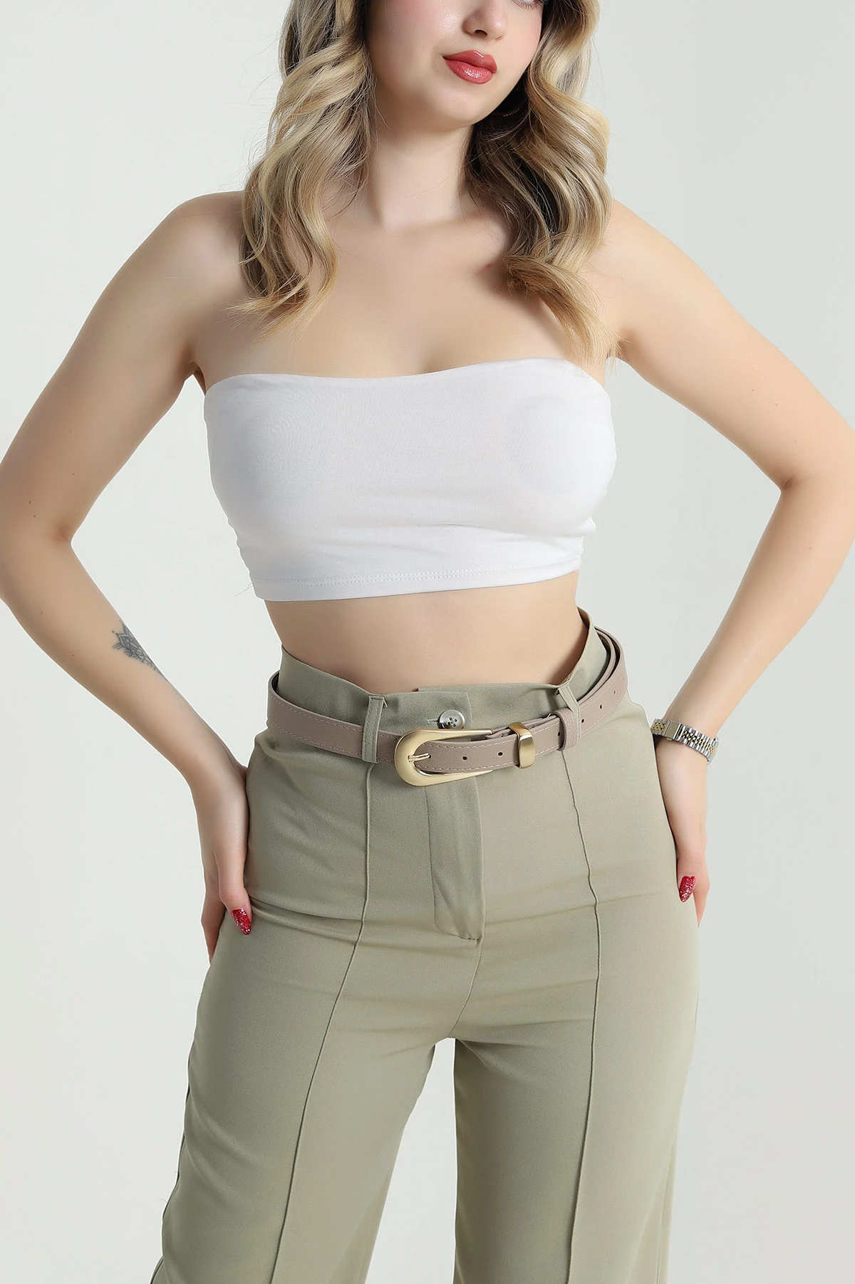 Bej Gold Toka Detaylı Kadın Kemer 470477