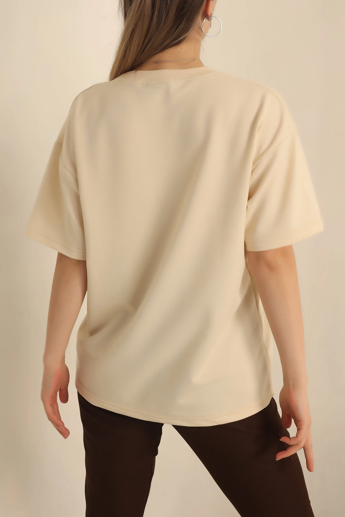 Bej İki İp Oversize Bayan Tişört 234376